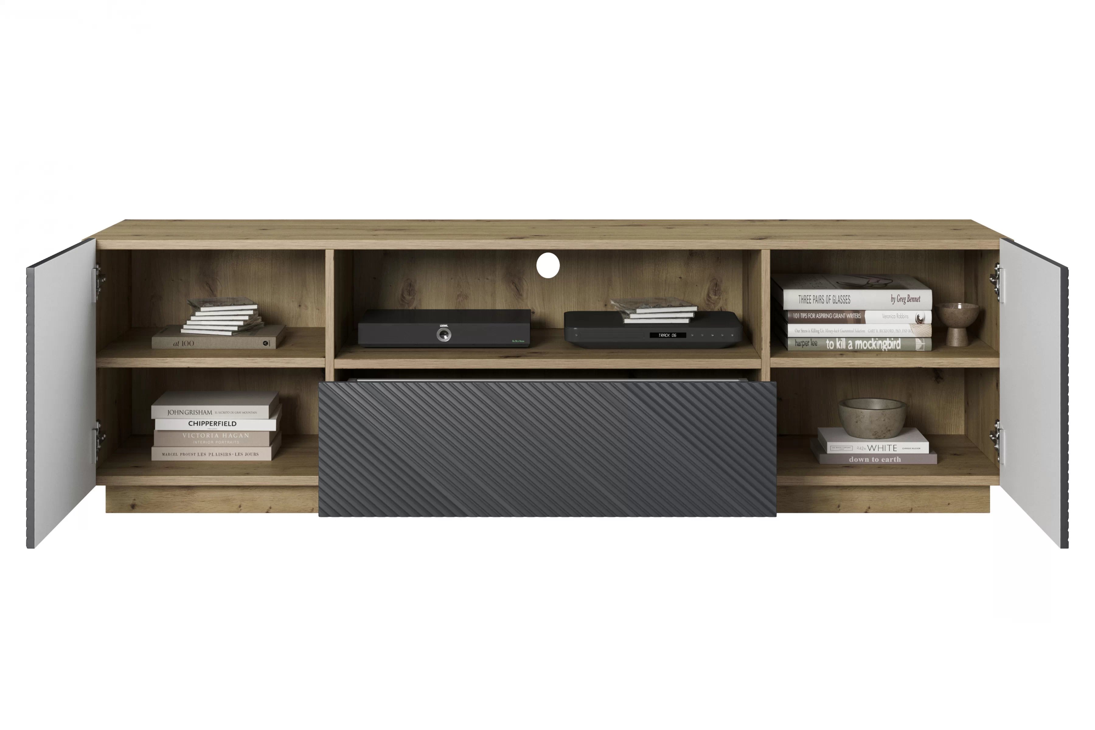 TV stolík Asha 167 cm s otvorenou policou - artisan / rivier stone mat TV skrinka z szuflada Asha 167 cm - artisan / rivier stone mat