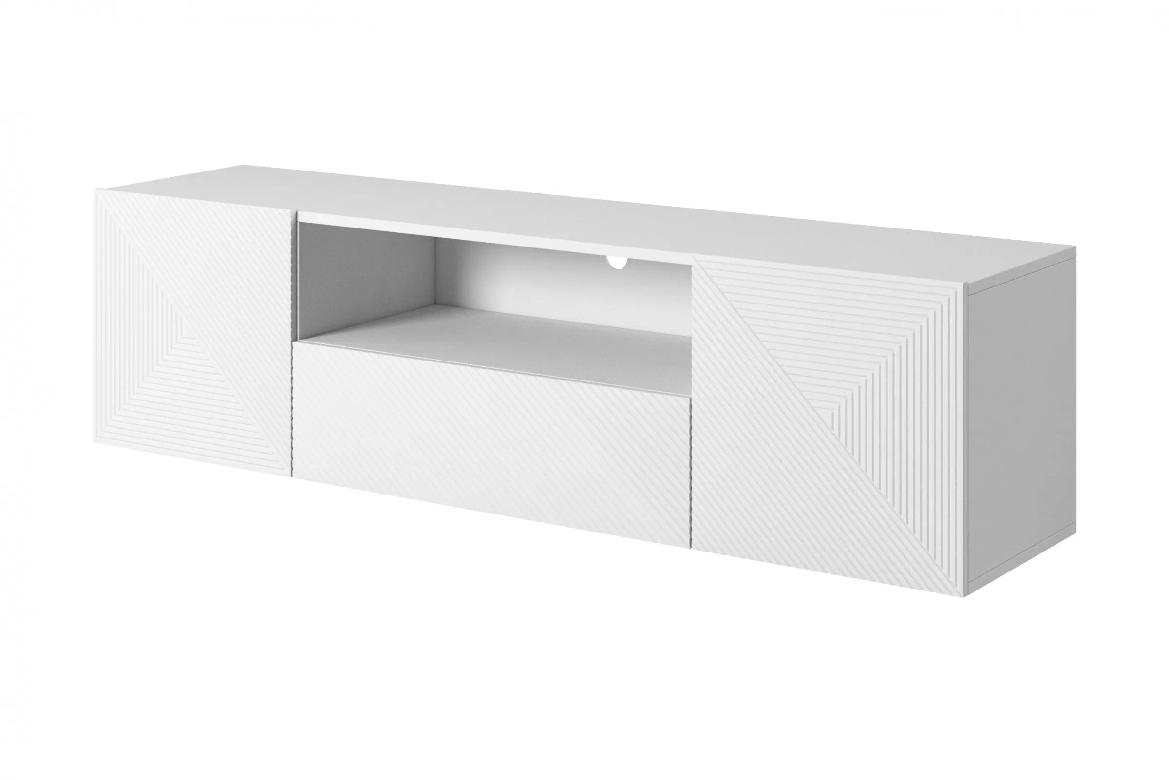 Závesný TV stolík Asha 167 cm s otvorenou policou - biely mat TV skrinka z szuflada Asha 167 cm - biely mat