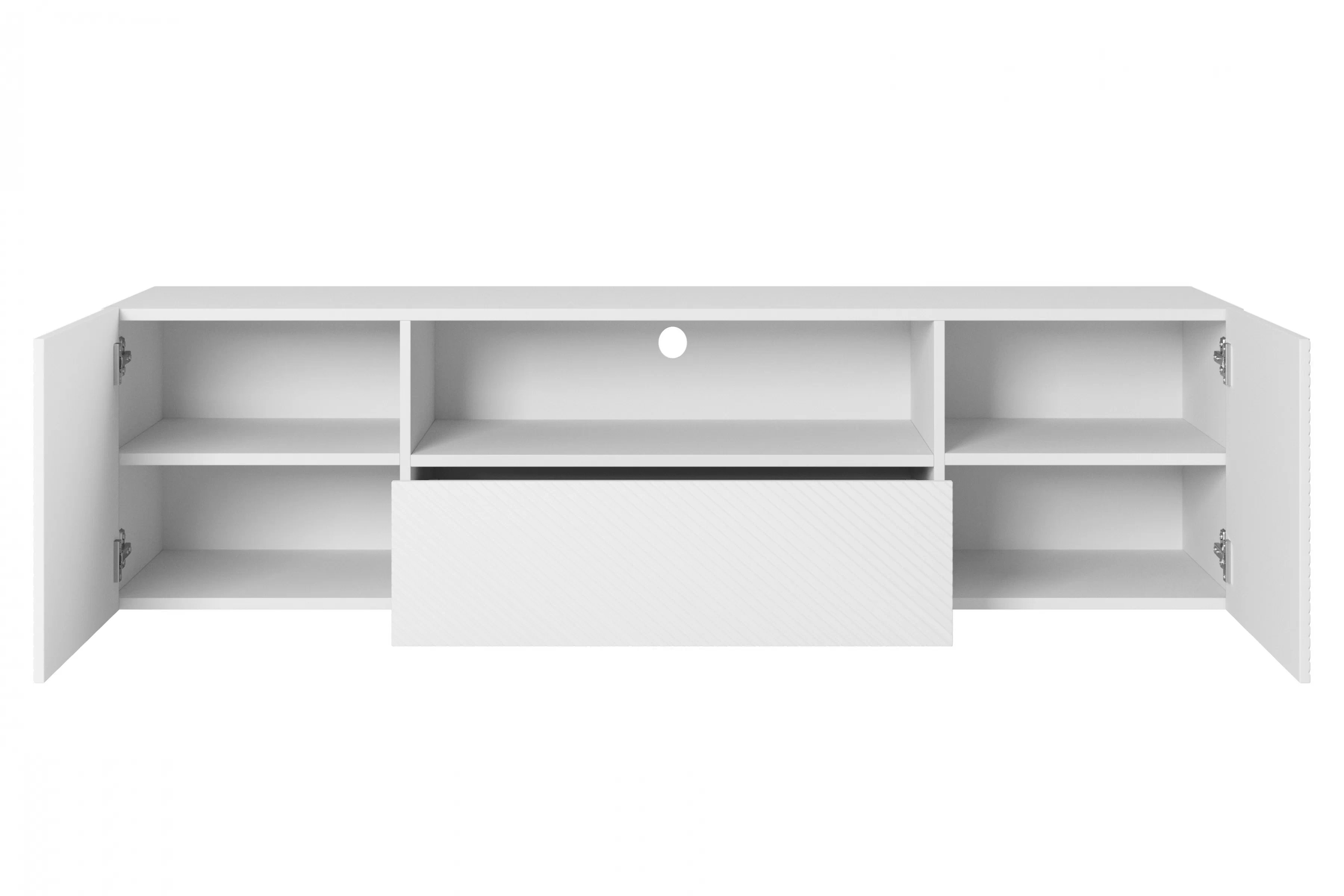 Závesný TV stolík Asha 167 cm s otvorenou policou - biely mat TV skrinka z szuflada Asha 167 cm - biely mat
