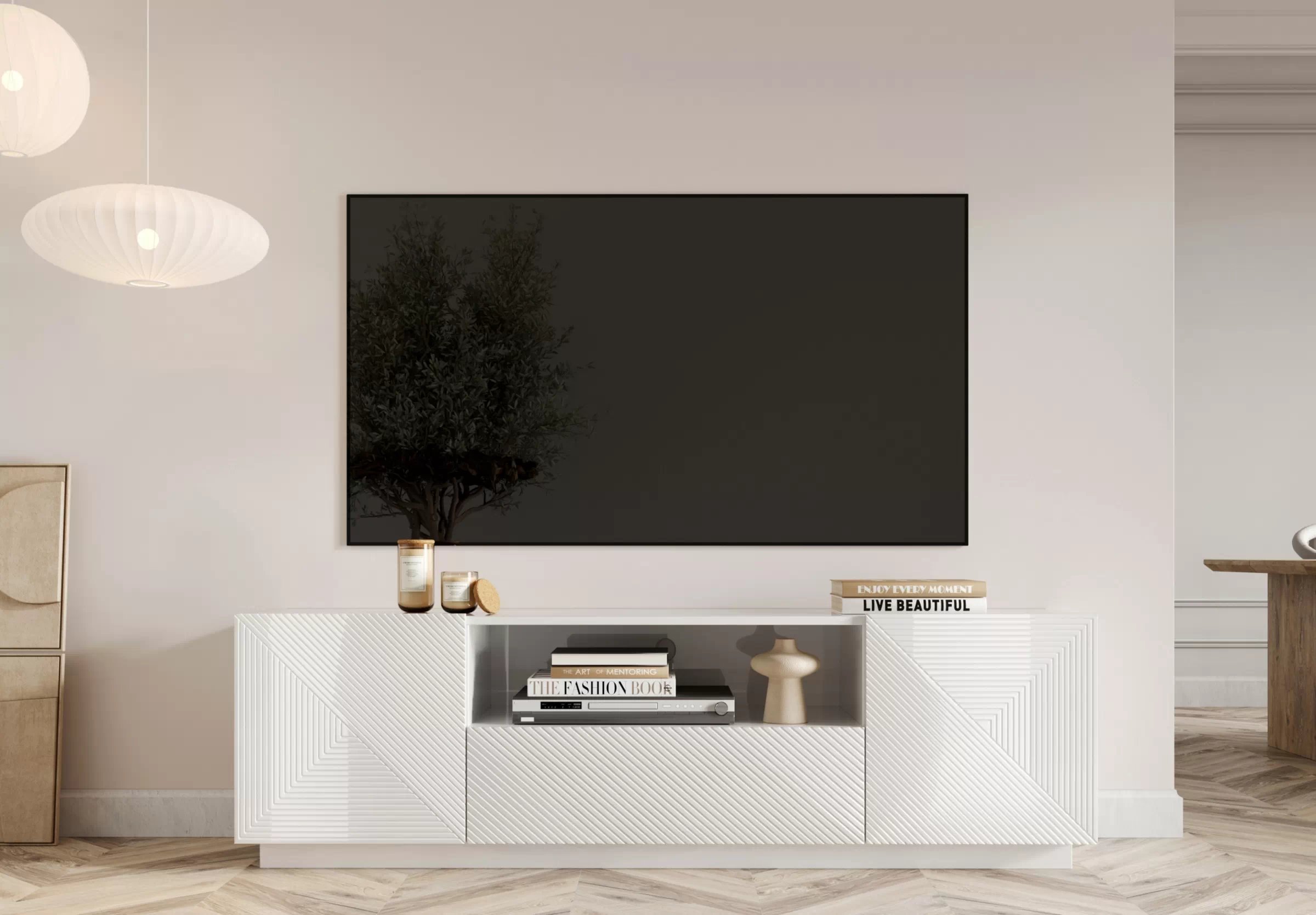 TV stolek Asha 167 cm - bílý lesk skříňka RTV z szuflada Asha 167 cm - bílý lesk