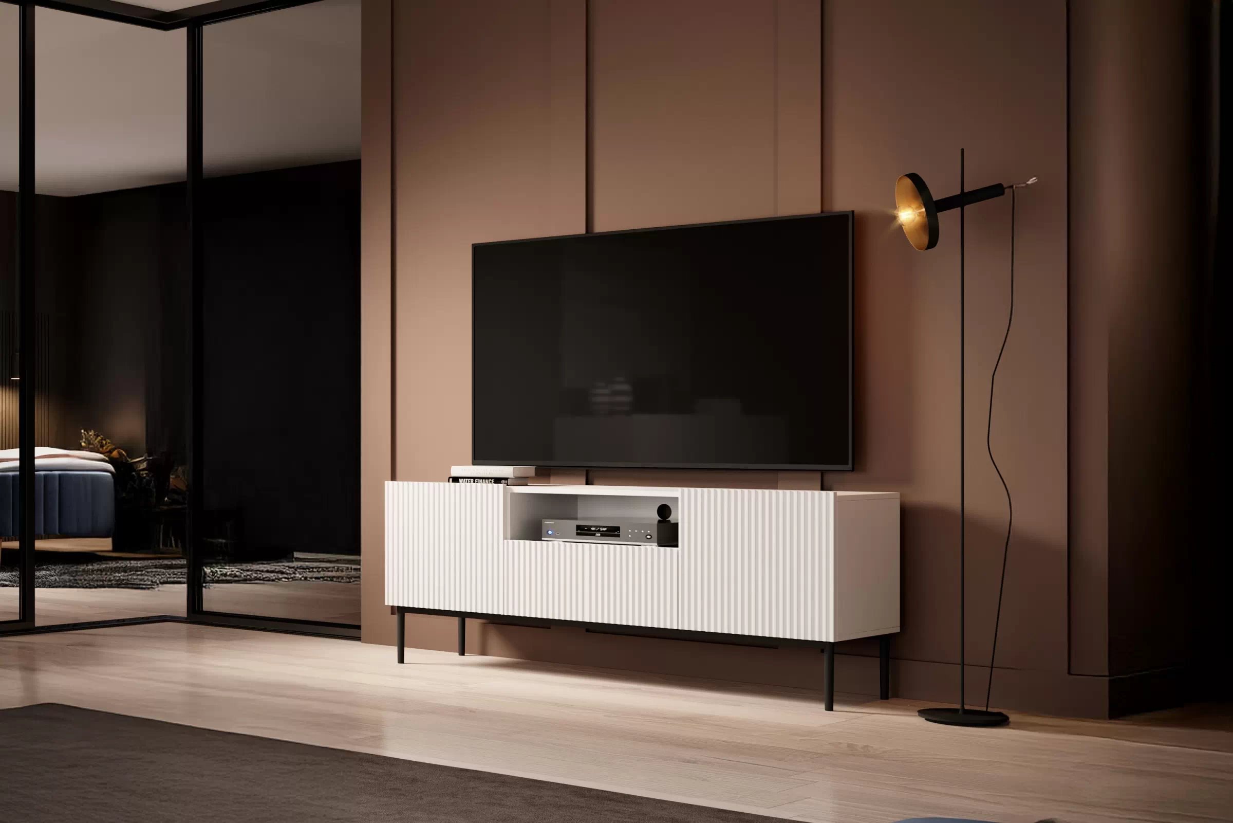 TV stolek Nicole 150 cm s výklenkem - bílý mat / černé nožky skříňka RTV z szuflada Nicole 150 cm - bílý mat / černá nozki