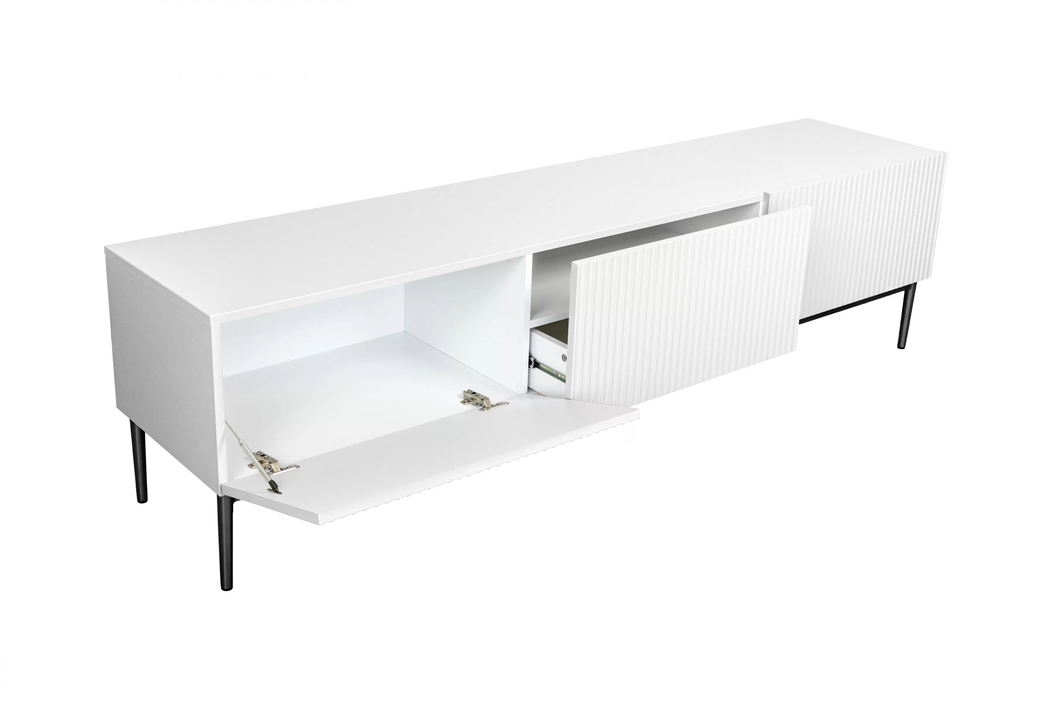 TV stolek Nicole 200 cm - bílý mat / černé nožky skříňka RTV z szuflada Nicole 200 cm - bílý mat / černá nozki