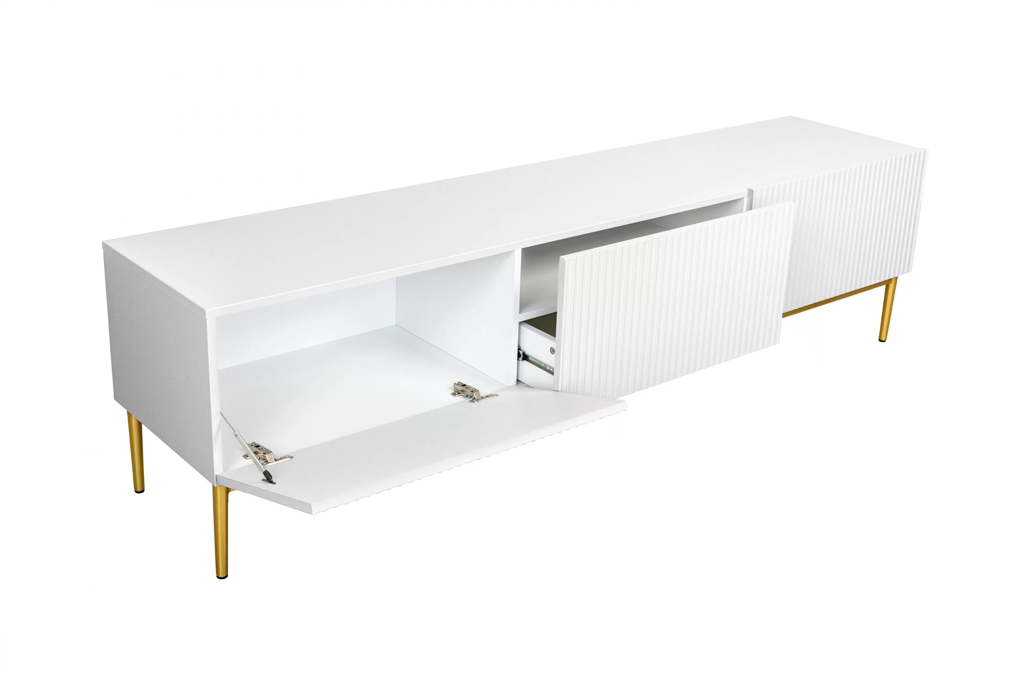 TV stolík so zásuvkou Nicole 200 cm - biely mat / zlaté nohy TV skrinka z szuflada Nicole 200 cm - biely mat / zlote nozki