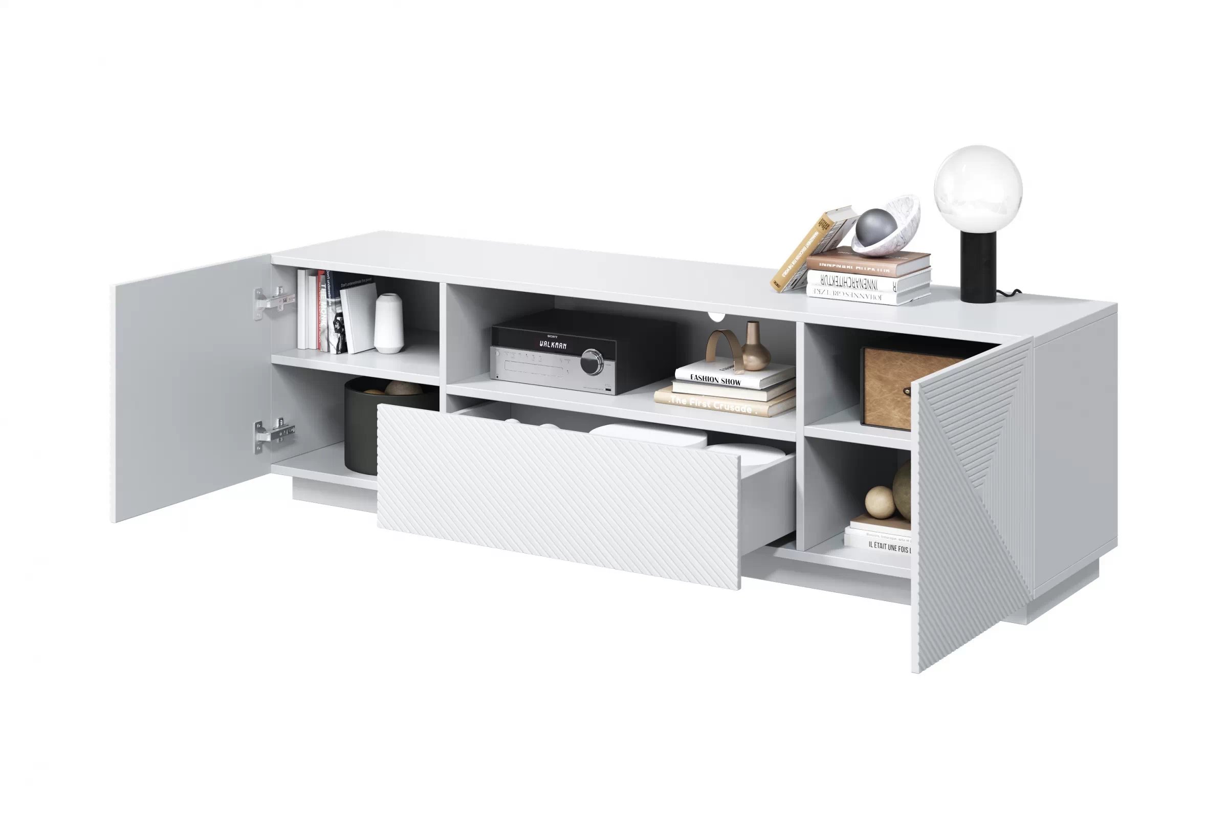 TV stolík Asha 167 cm s otvorenou policou - biely mat TV skrinka so zásuvkami Asha 167 cm - biely mat