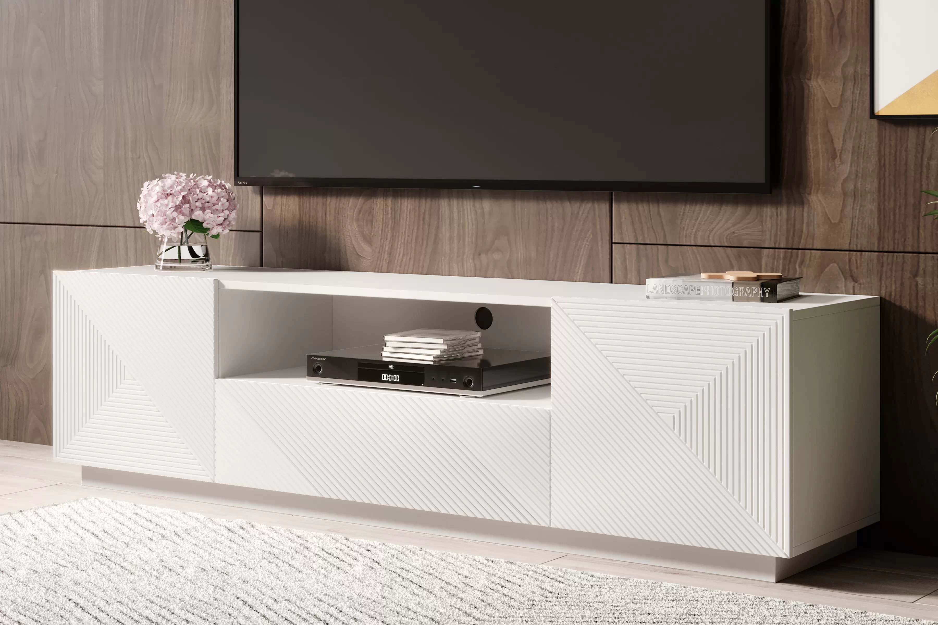 TV stolík Asha 167 cm s otvorenou policou - biely mat TV skrinka so zásuvkami Asha 167 cm - biely mat