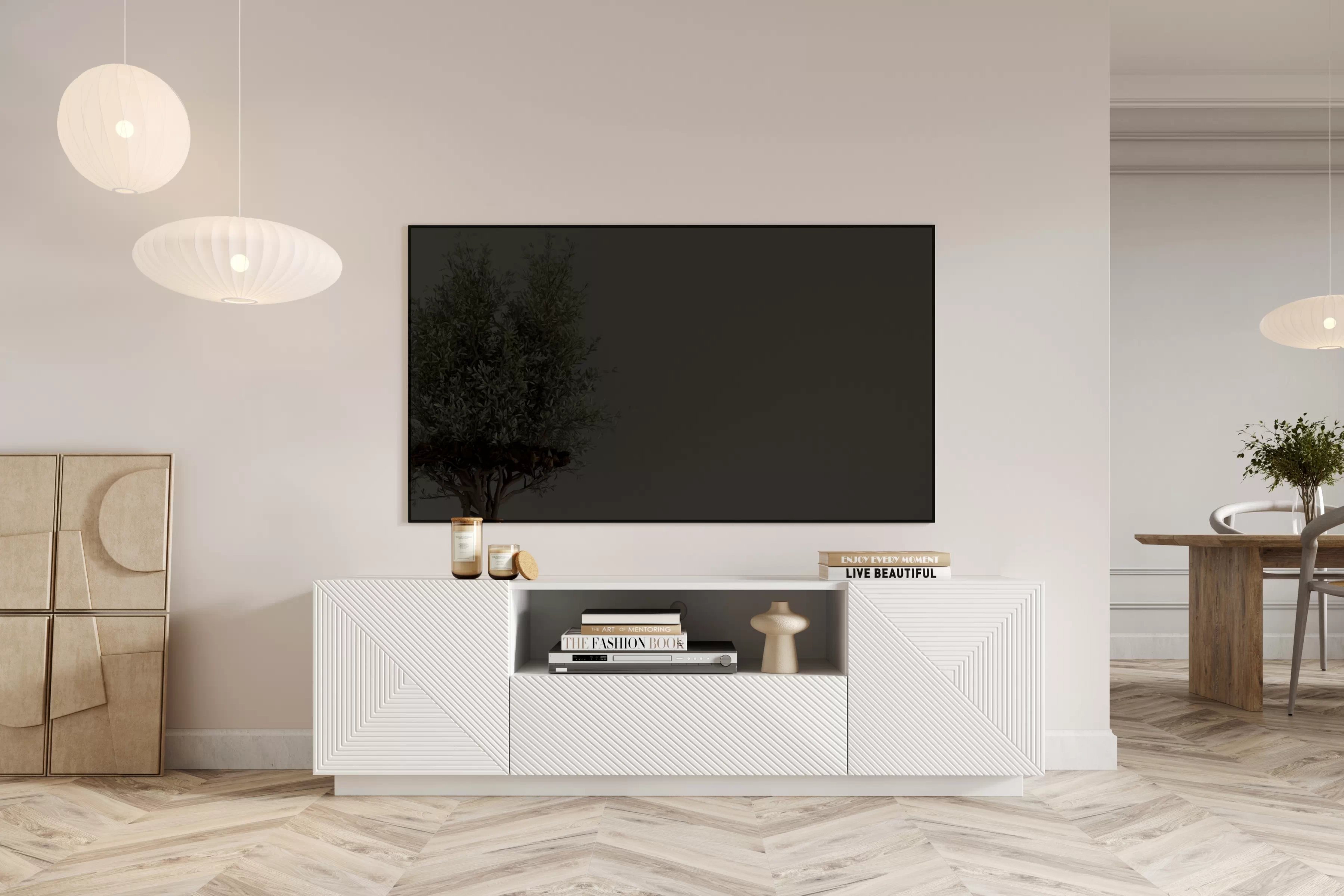 TV stolík Asha 167 cm s otvorenou policou - biely mat TV skrinka so zásuvkami Asha 167 cm - biely mat