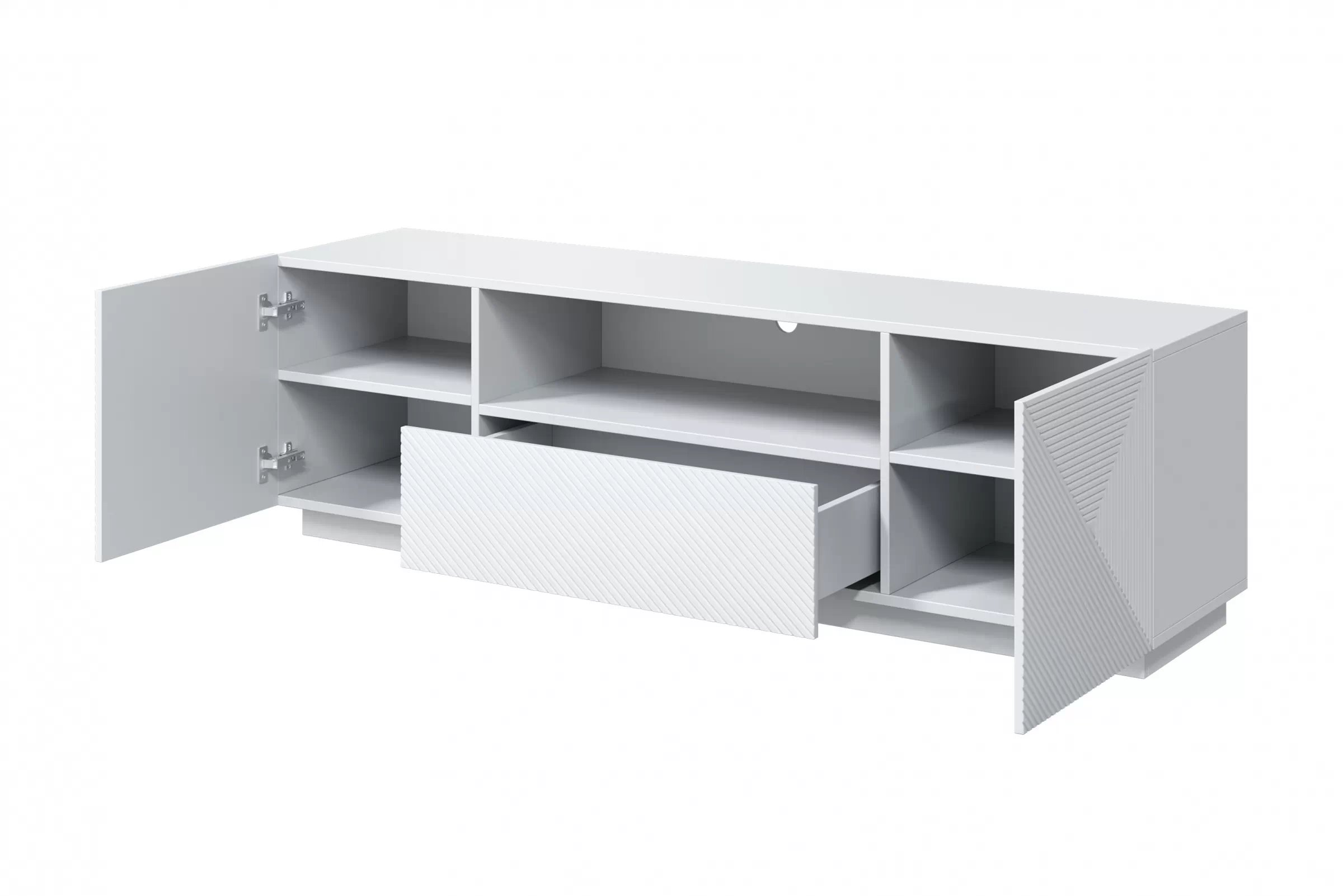 TV stolík Asha 167 cm s otvorenou policou - biely mat TV skrinka so zásuvkami Asha 167 cm - biely mat