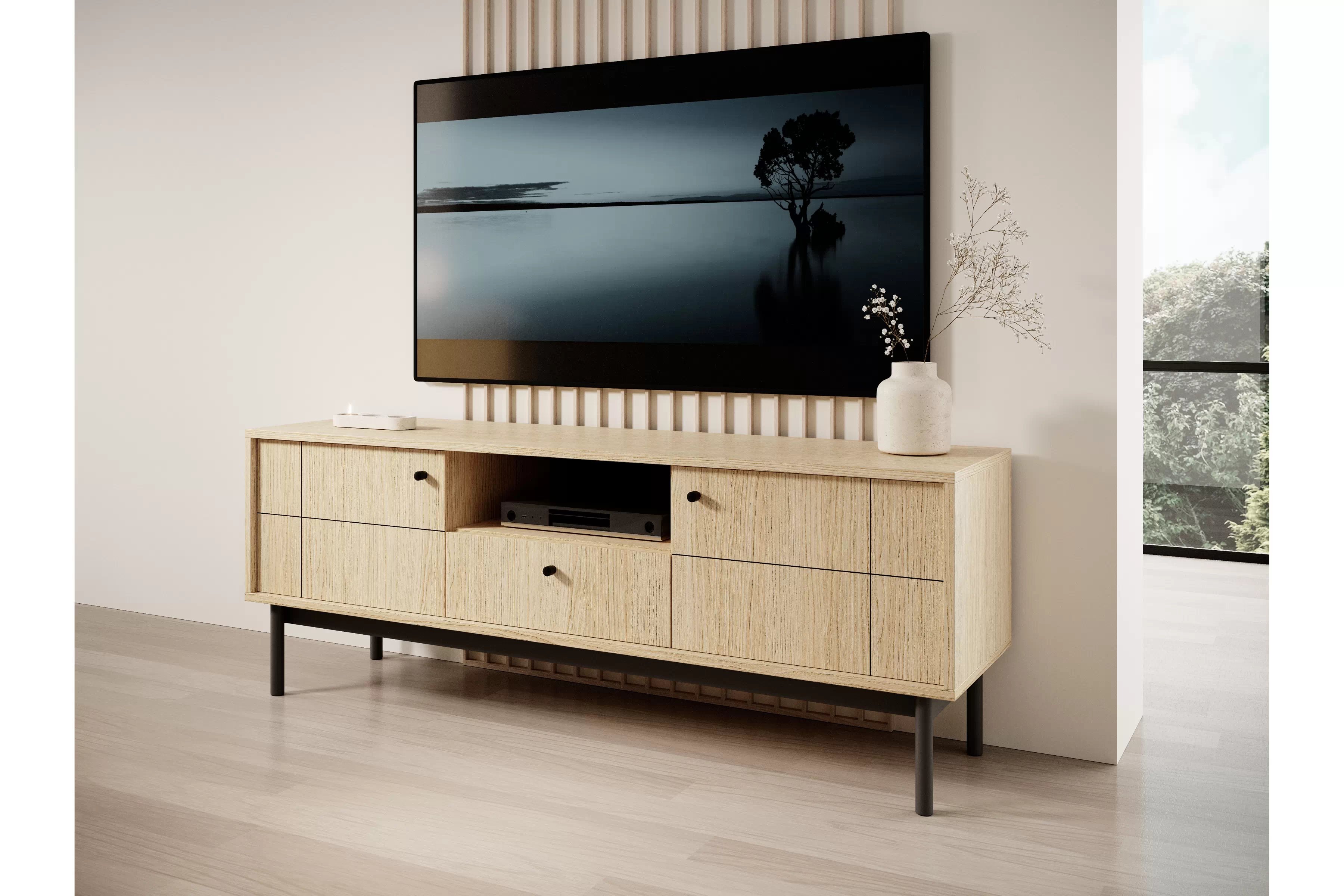 TV stolek se zásuvkami Jolinio 154 cm - dub linea / černé nohy Skříňka RTV se zásuvkami Jolinio153 cm - dub linea