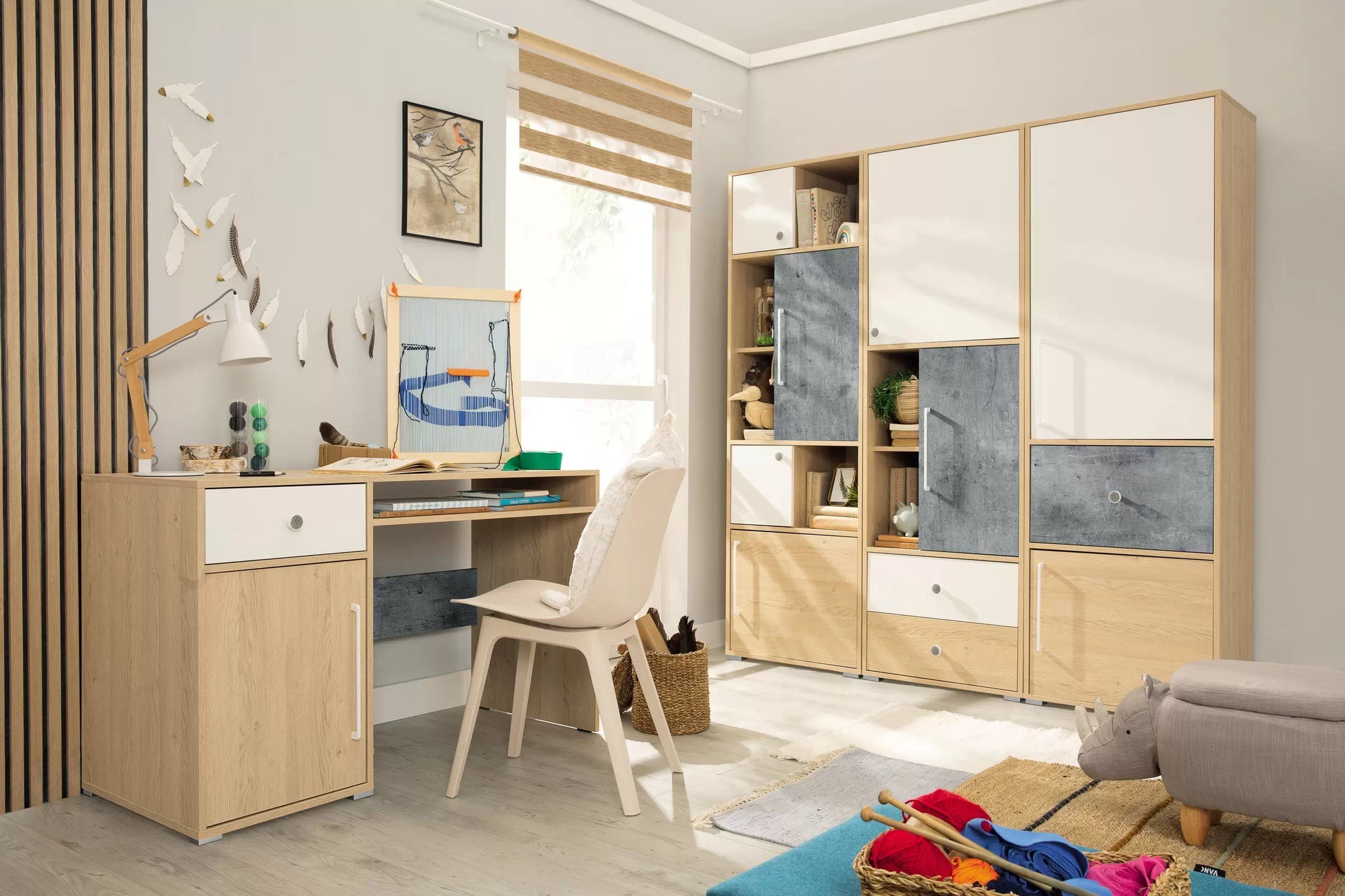 Regál Step ST2 se zásuvkou 60 cm - dub piškotový / bílá / beton skříňka Step 60 cm Levá/Pravá z szuflada dub biszkoptowy / bílá lux / beton