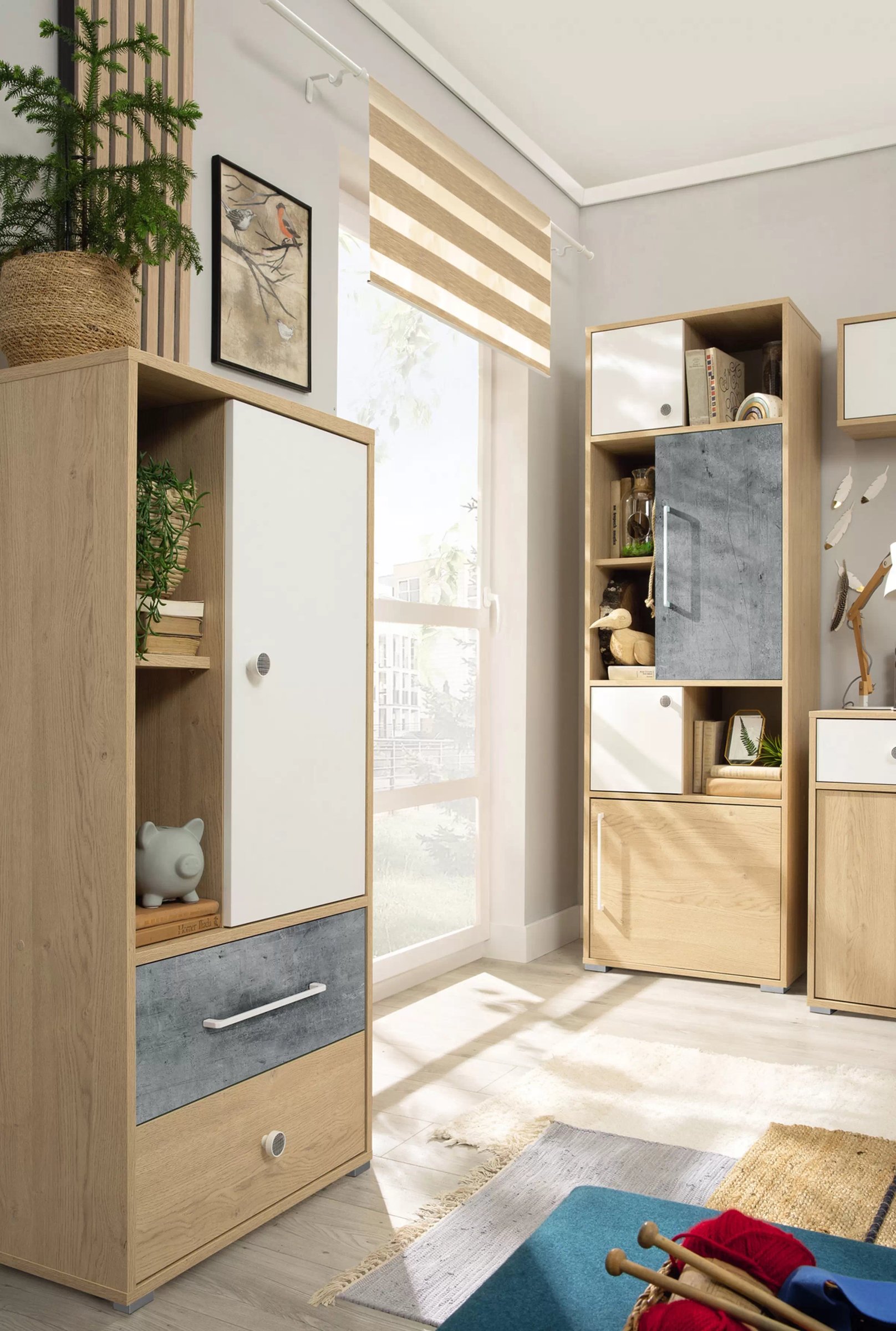 Regál Step ST2 se zásuvkou 60 cm - dub piškotový / bílá / beton skříňka Step 60 cm Levá/Pravá z szuflada dub biszkoptowy / bílá lux / beton