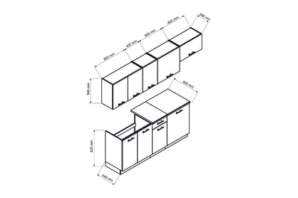 Kuchyňská sestava Clara 240 cm - šedý grafit / dub artisan Komplet nábytku kuchennych Clara 240cm - Rozměry zestawu