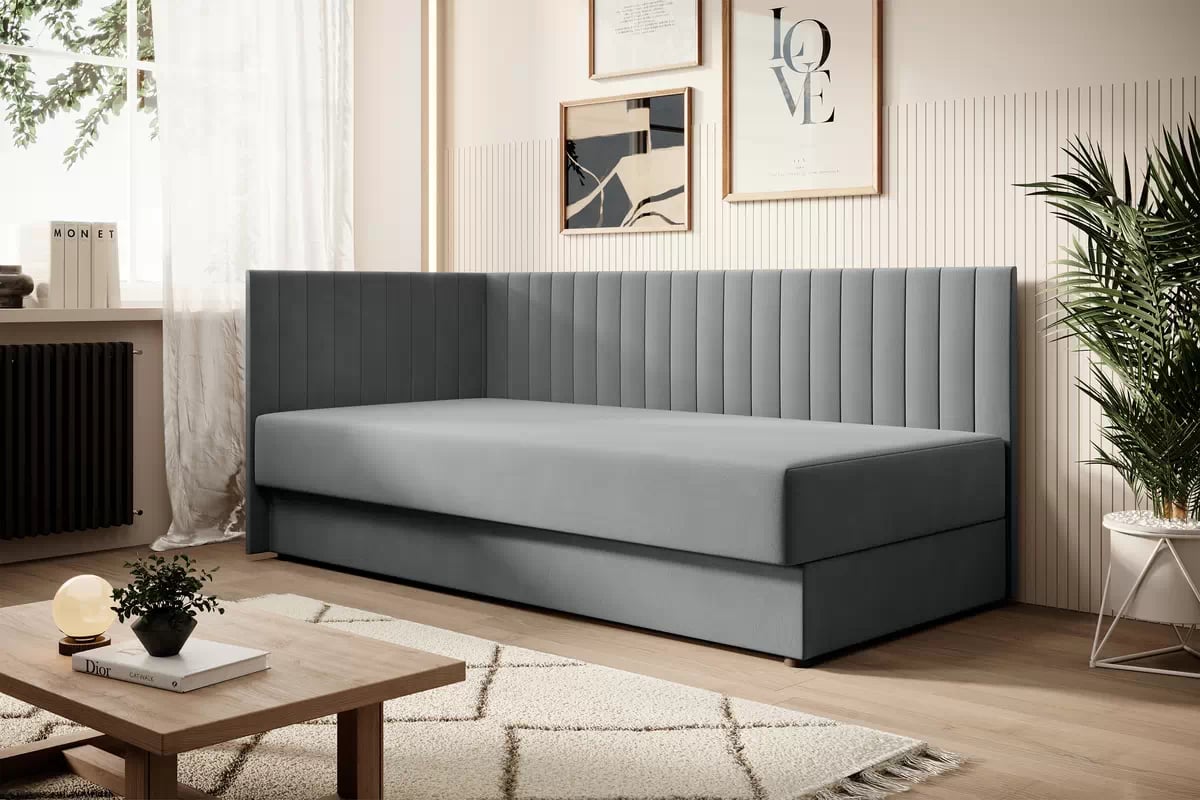 Levá dětská pohovka/postel Nutri 186x80/100 cm s úložným prostorem - šedý samet Zanzibar 182 Dětská pohovka/postel levá s úložným prostorem Nutri - šedý samet Zanzibar 182, 186x80/100 cm