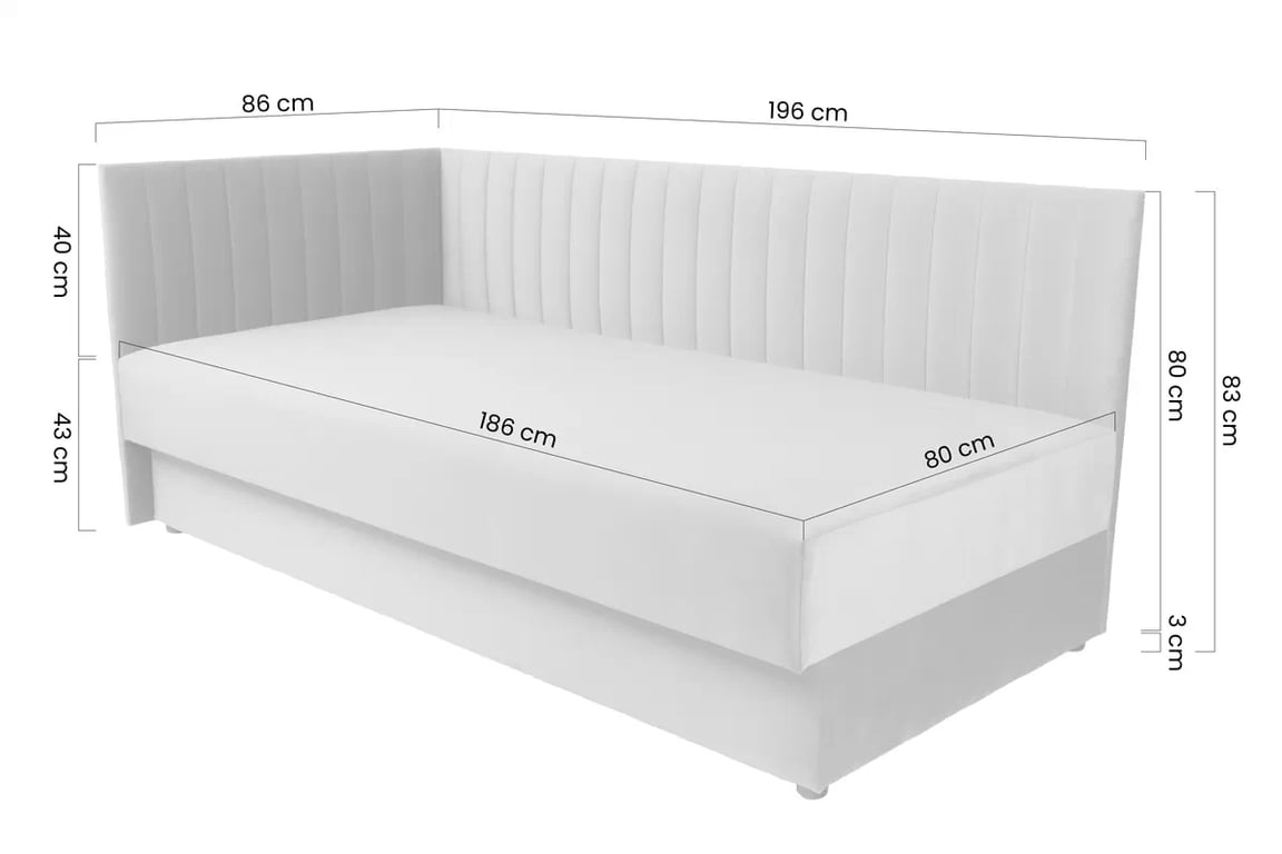 Rozkladacie jednolôžko Nutri ľavostranné s úložným priestorom - sivý velúr Zanzibar 182, 186x80 cm Detská pohovka/posteľ ľavá strana s úložným priestorom Nutri - šedý zamat Zanzibar 182, 186x80/80 cm