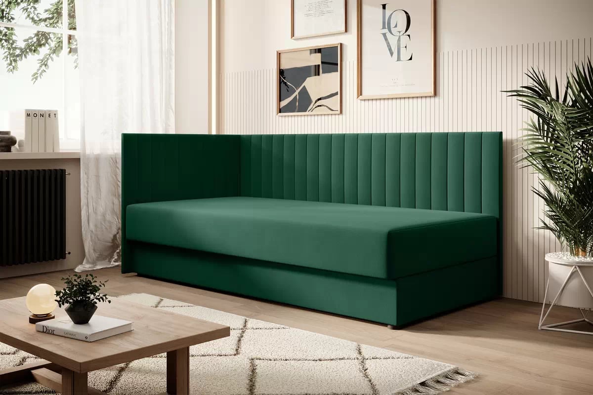 Levá dětská pohovka/postel Nutri 186x80/100 cm s úložným prostorem - zelený samet Zanzibar 162 Dětská pohovka/postel levá s úložným prostorem Nutri - Zelený samet Zanzibar 162, 186x80/100 cm