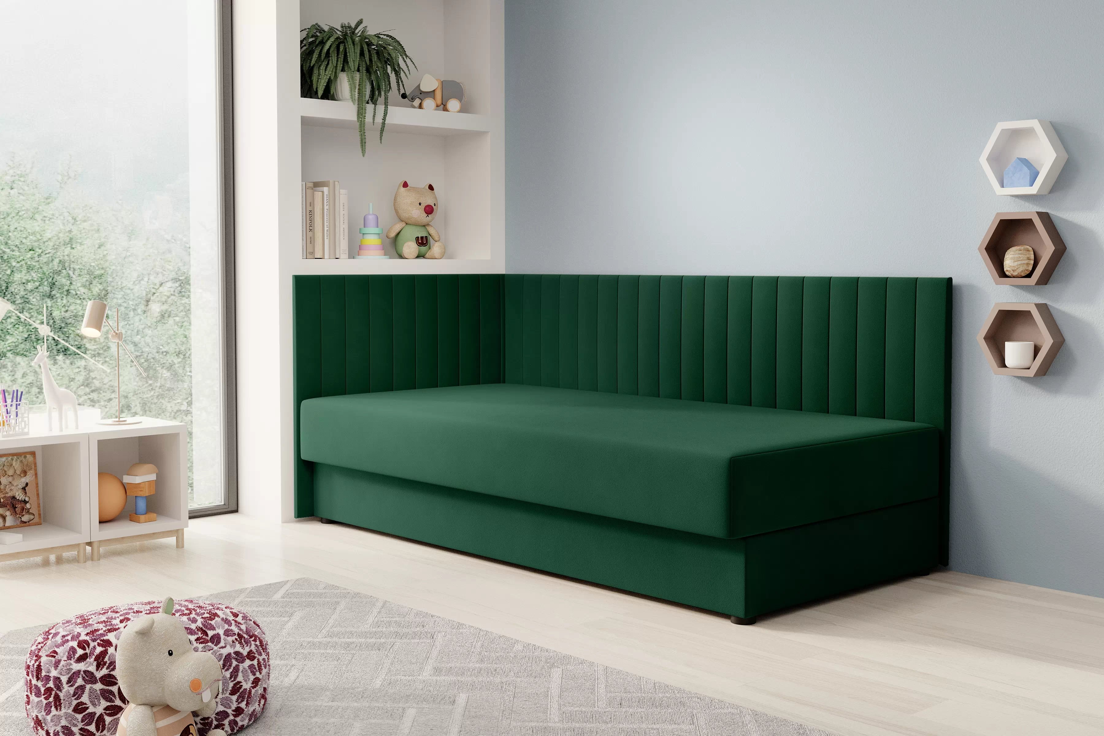 Levá dětská pohovka/postel Nutri 186x90/80 cm s úložným prostorem - zelený samet Zanzibar 162 Válenda/Postel levá s úložným prostorem Nutri - zelená samet Zanzibar 162, 186x90/80 cm