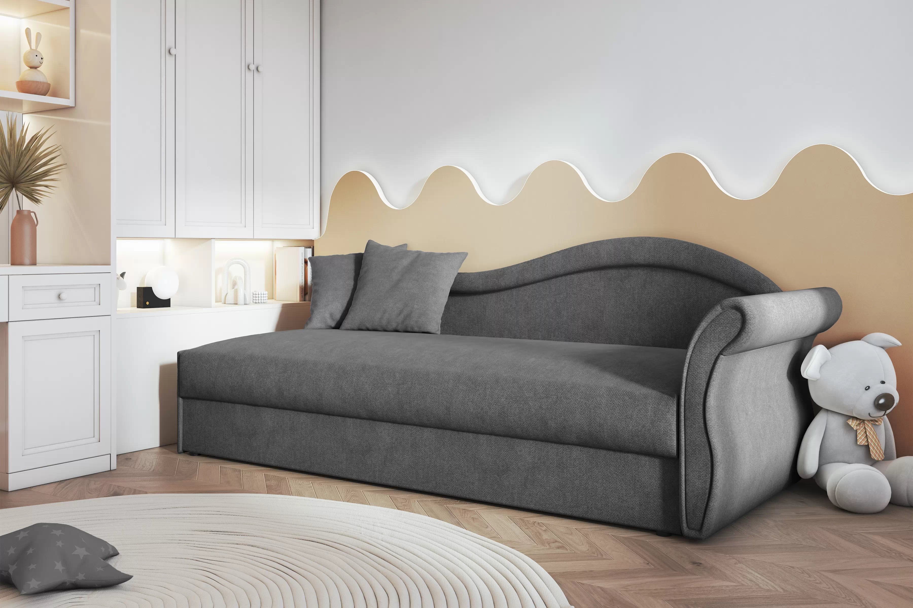 Levostranné jednolůžko Marek s úložným prostorem - šedý samet Cloud 91 Válenda/Postel Marek levá jednomístné s úložným prostorem - šedá welwet Cloud 91