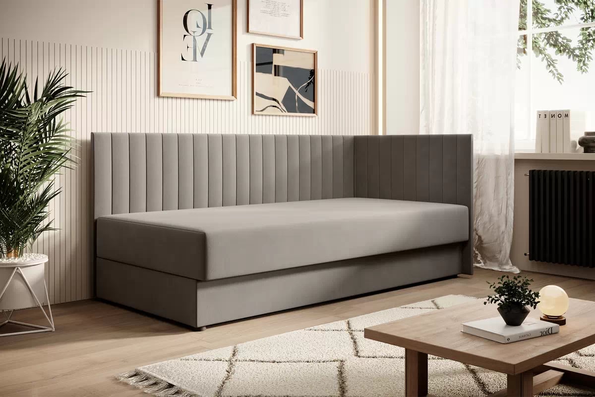 Pravá dětská pohovka/postel Nutri 186x90/80 cm s úložným prostorem - béžový samet Zanzibar 108 Dětská pohovka/postel pravá s úložným prostorem Nutri - béžový samet Zanzibar 108, 186x90/80 cm