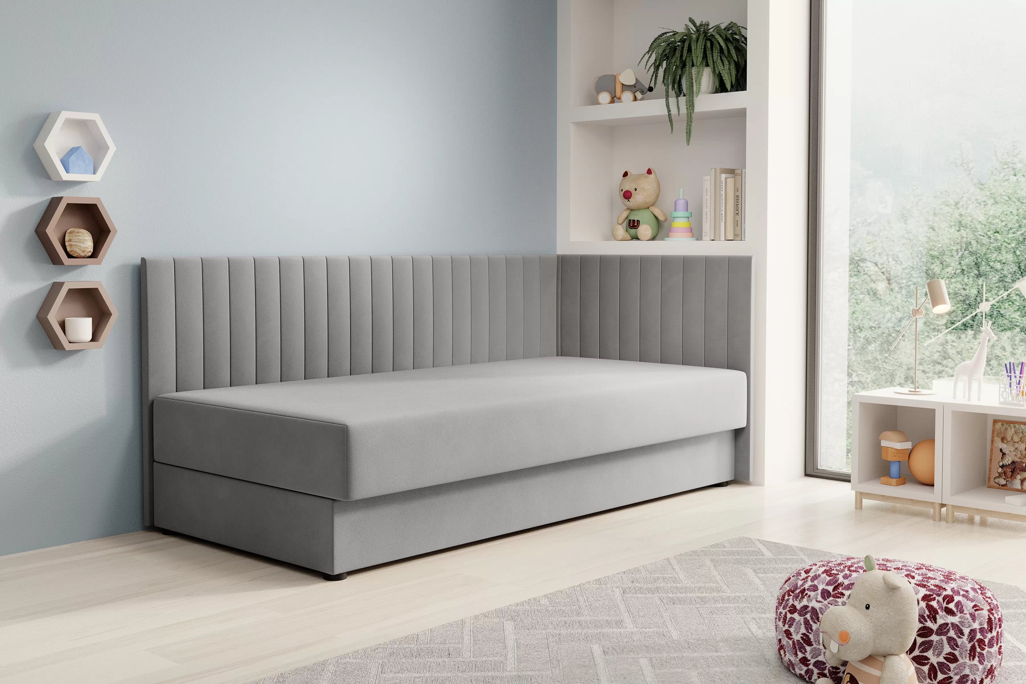 Váľanda Nutri pravá - šedý zamat Zanzibar 182 - 186x90/100 cm Detská pohovka/posteľ pravá strana s úložným priestorom Nutri - šedý velúr Zanzibar 182, 186x90/100 cm