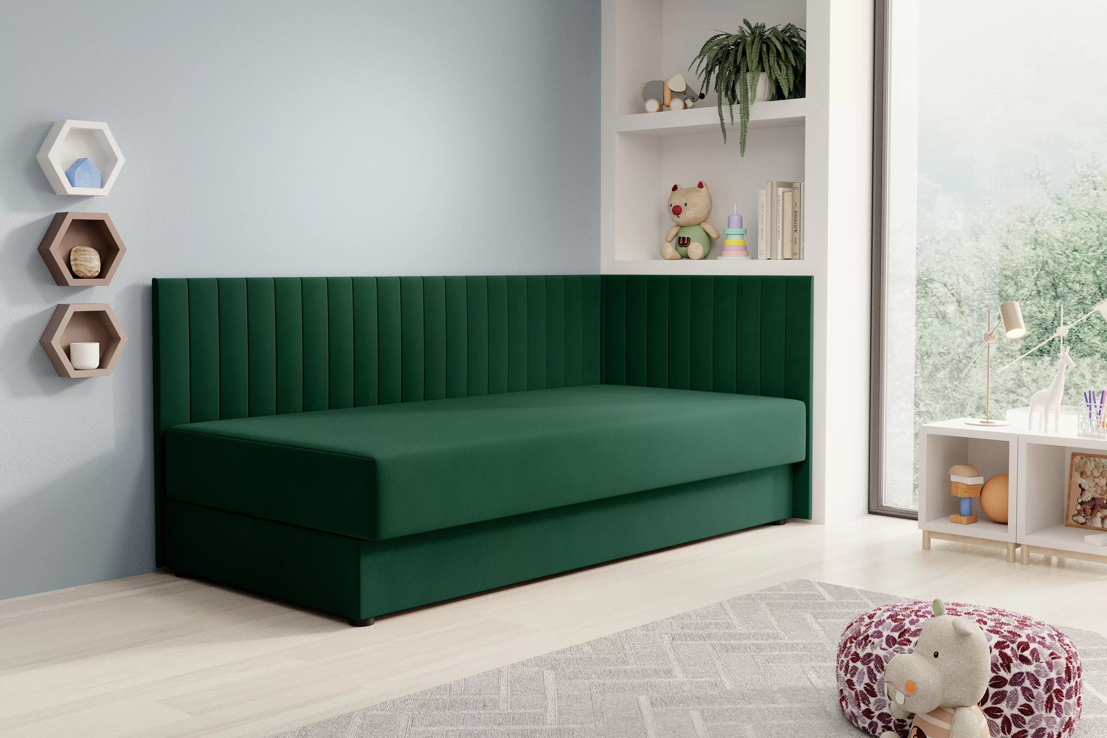 Váľanda Nutri s úložným priestorom pravá - 186x90 cm - zelený velúr Zanzibar 162 Detská pohovka/posteľ s úložným priestorom Nutri pravá strana 186x90/100 cm - Zelený velúr Zanzibar 162