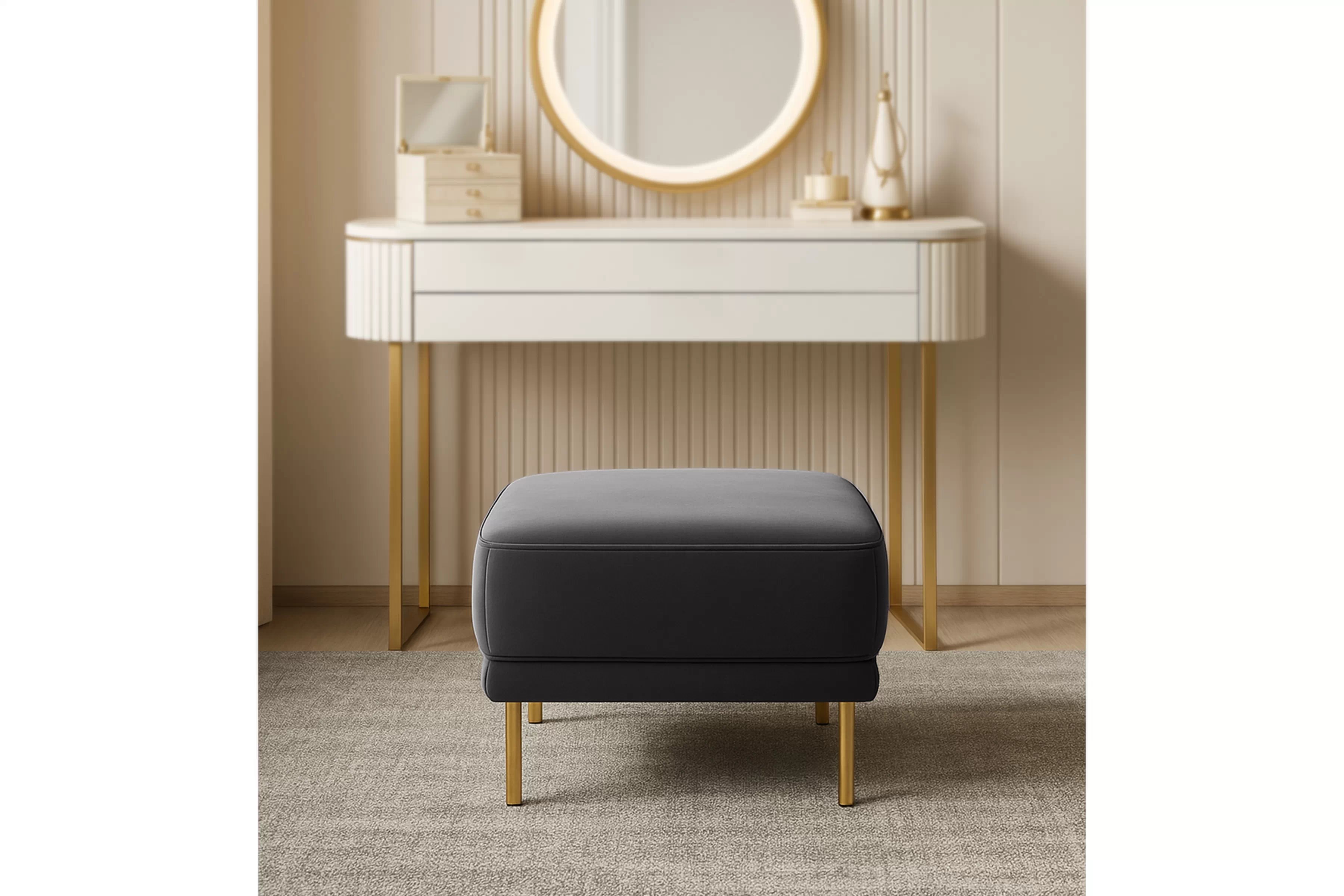 Taburetka Nicole 60x60 cm - šedý velúr Velluto 18 Anthracite / zlaté nožičky čalúnená Taburet Nicole na kovových nohách - šedý velúr Velluto 18 Anthracite / nožičky zlote 