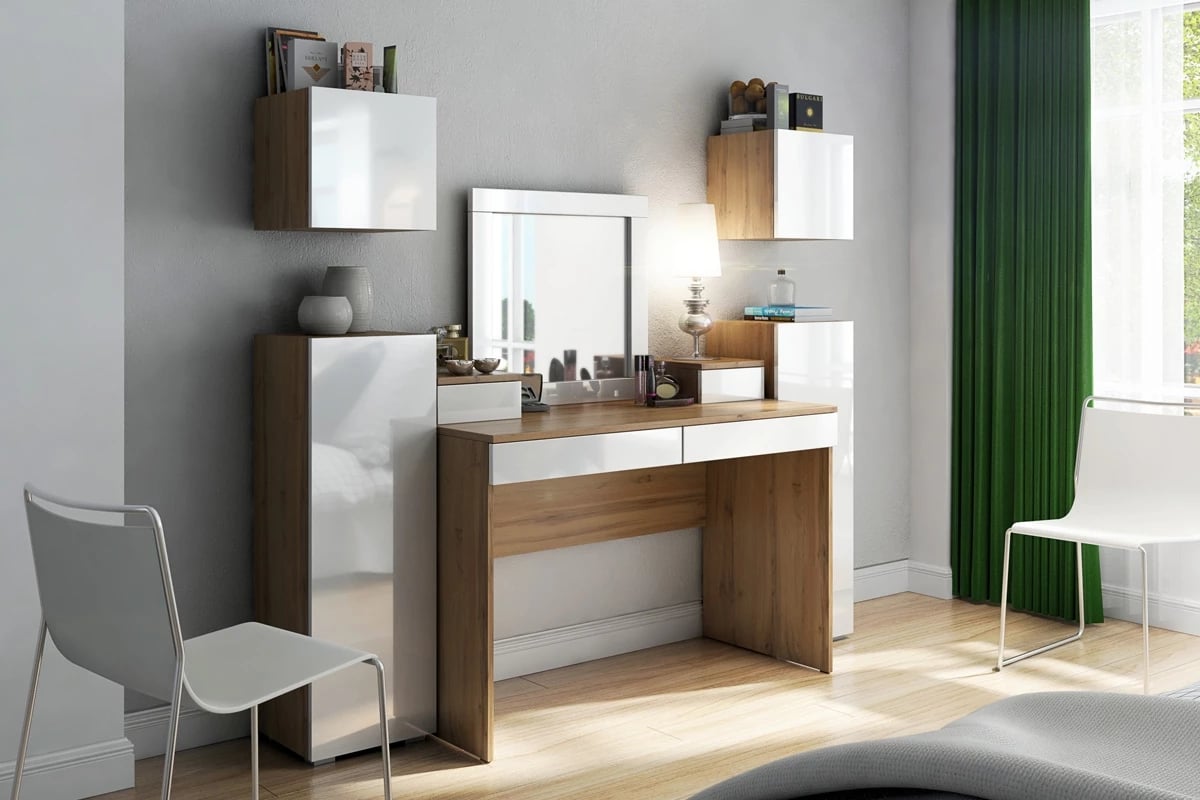 Toaletný stolík Combo 14 - Dub wotan/MDF biely lesk - Koncovka Série Toaletný Stolík Combo w bieli