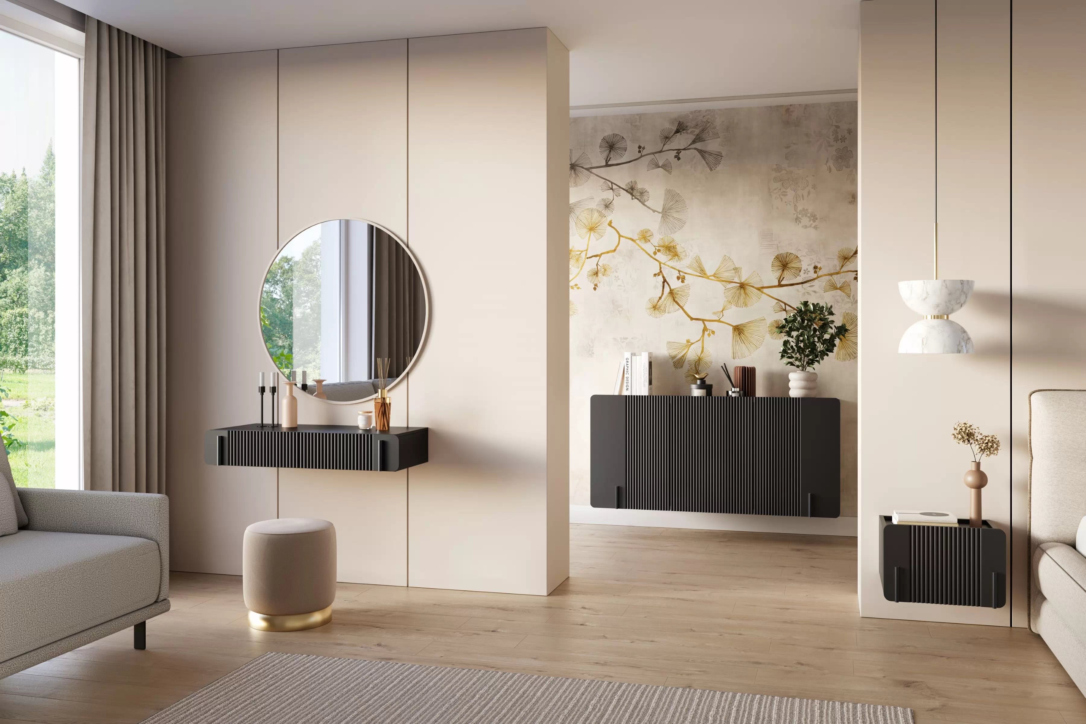 Závěsný toaletní stolek Malmi 100 cm se zásuvkami - černý mat / černá Toaletní stolek Malmi 100 cm závěsná se zásuvkami - černá mat / černá