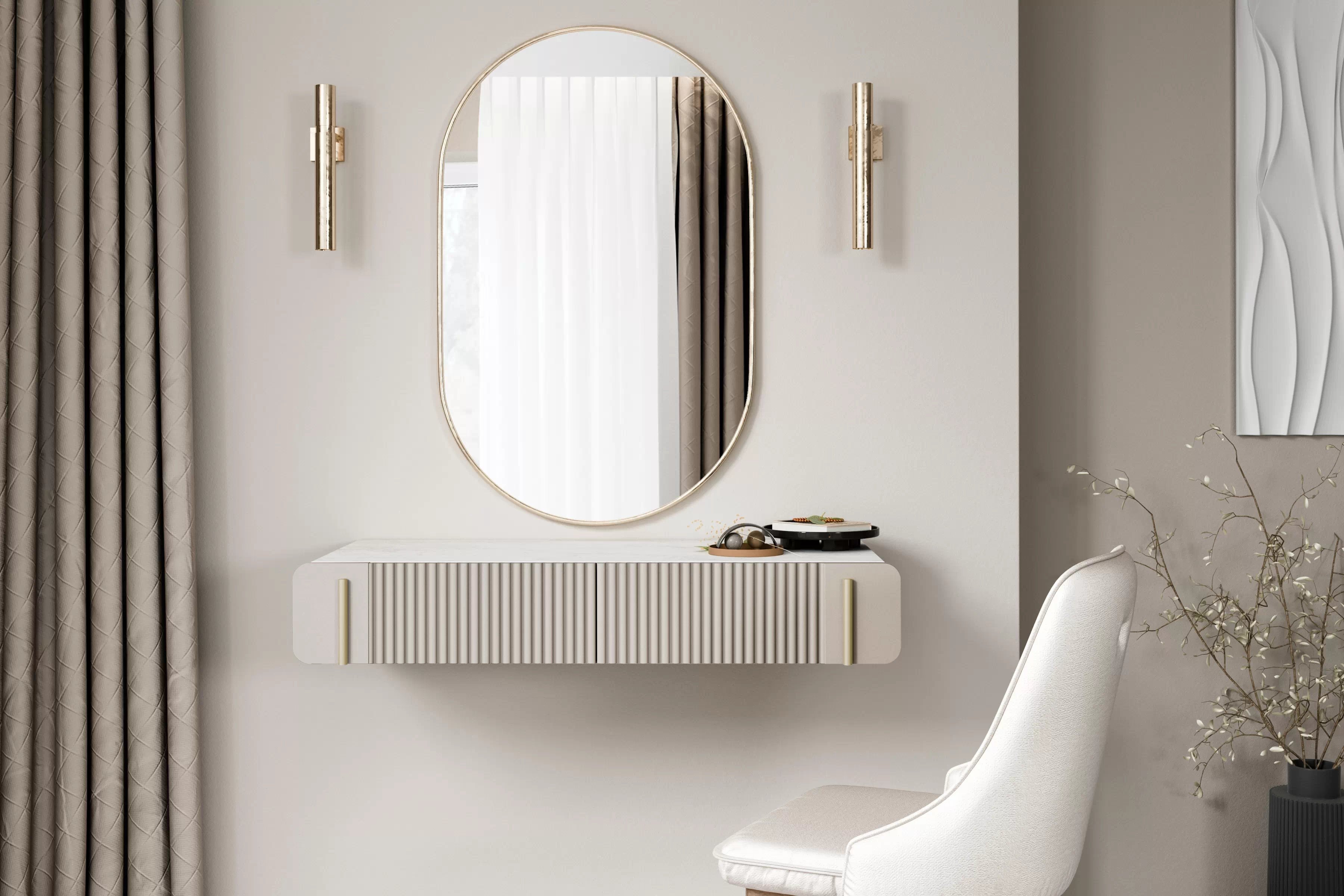 Závesný toaletný stolík Malmi 100 cm - kašmírová / crema bianca / zlatá Toaletný stolík Malmi 100 cm závesná so zásuvkami - kašmír / crema bianca / zlaté