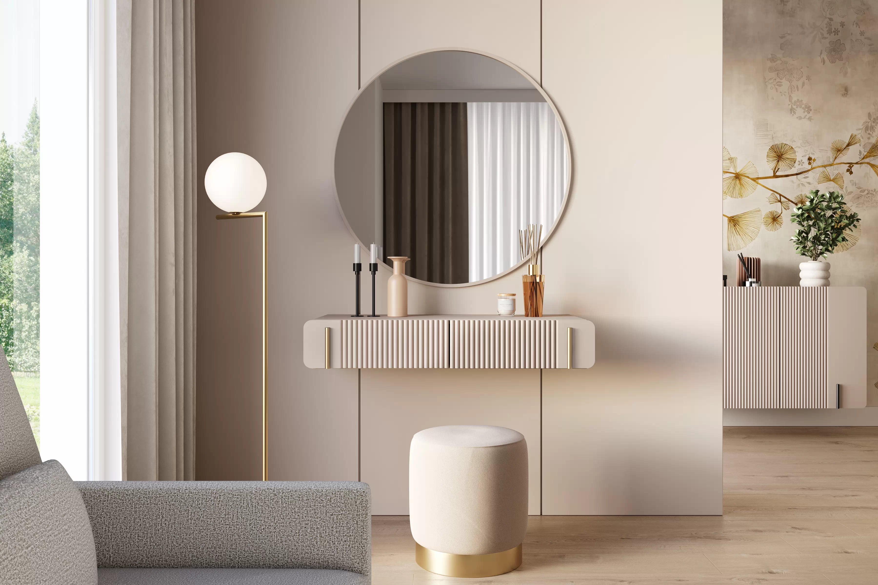 Závesný toaletný stolík Malmi 100 cm - kašmírová / zlatá Toaletný stolík Malmi 100 cm závesná so zásuvkami - kašmír / zlaté