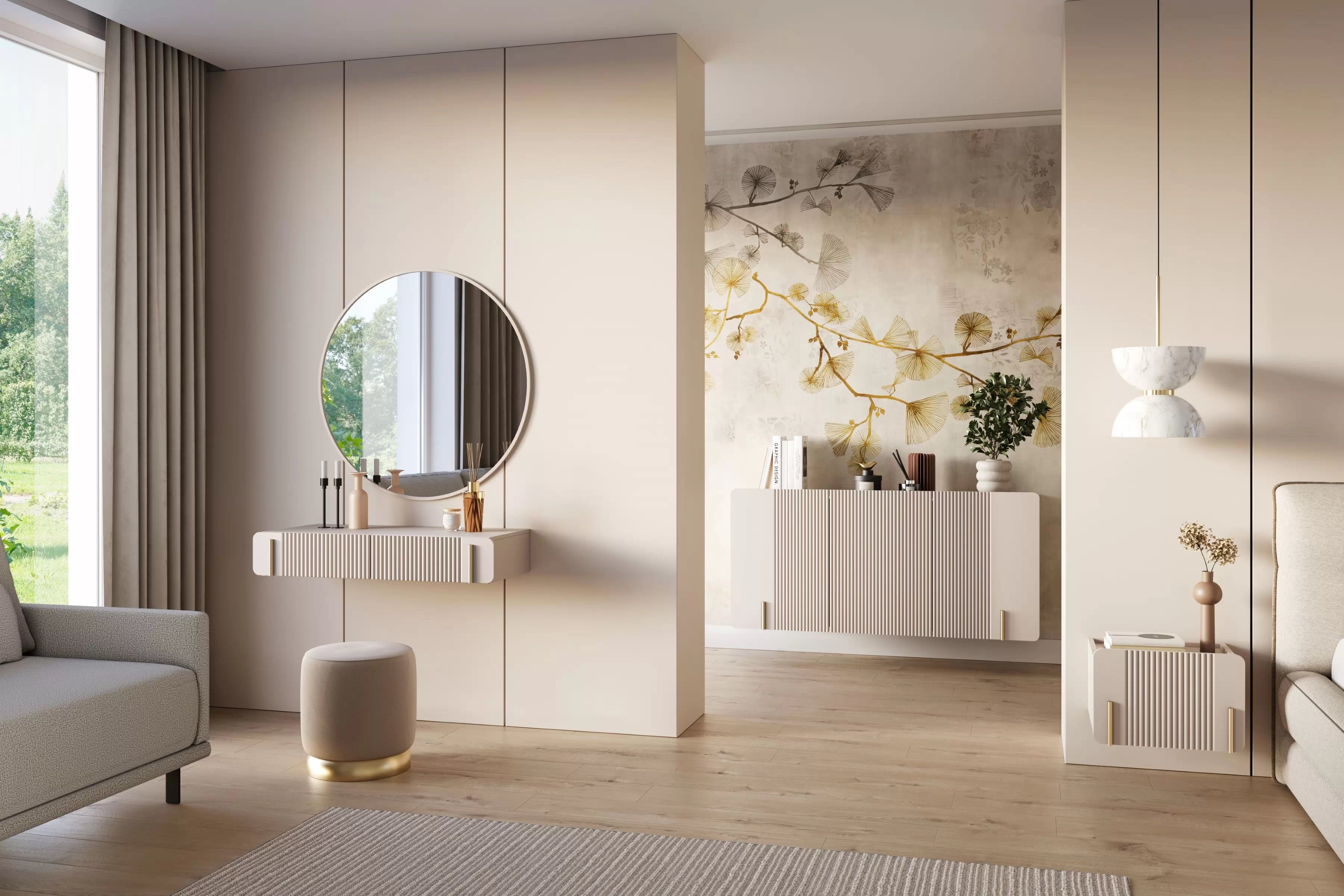 Závesný toaletný stolík Malmi 100 cm - kašmírová / zlatá Toaletný stolík Malmi 100 cm závesná so zásuvkami - kašmír / zlaté