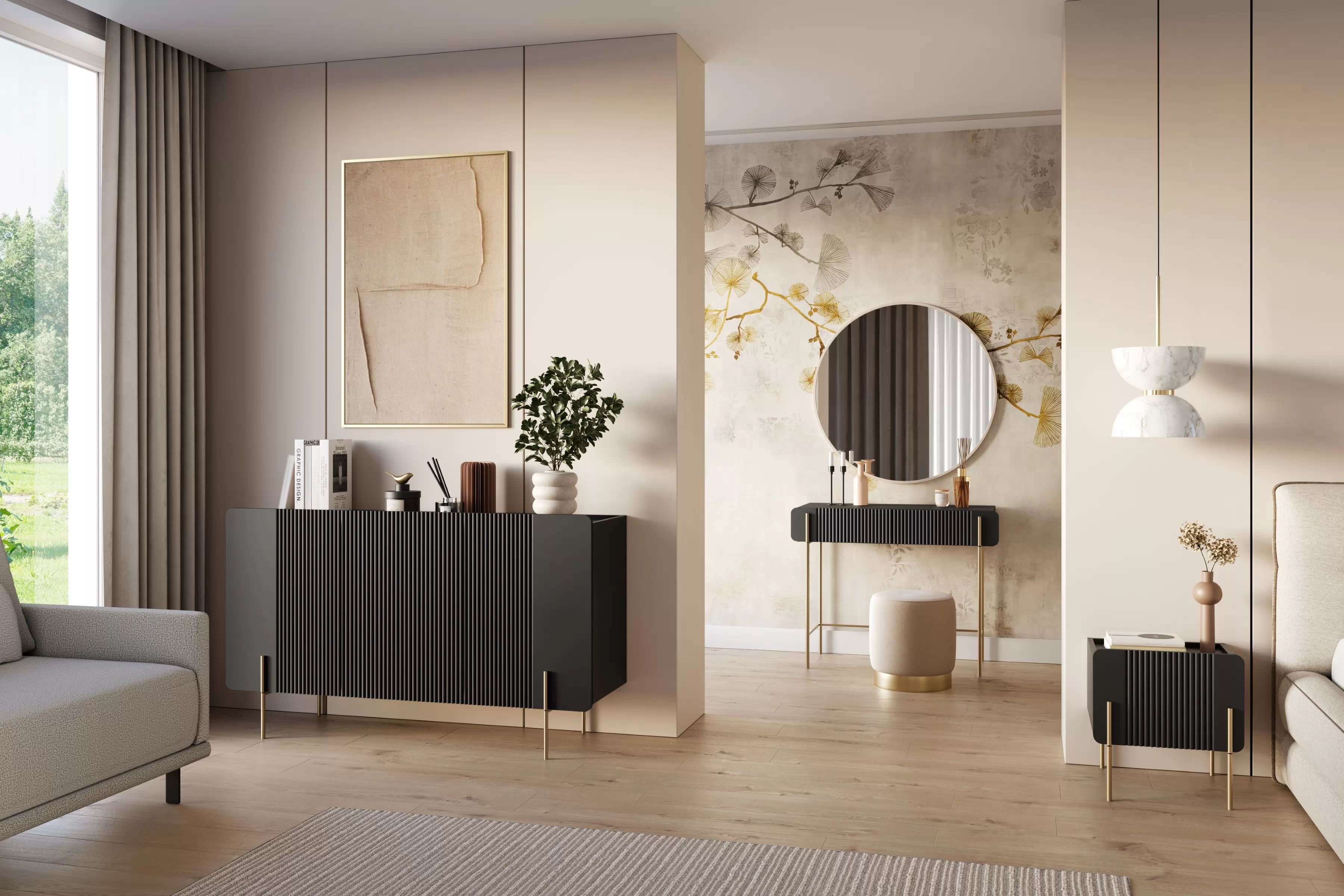 Toaletní stolek Malmi 100 cm se zásuvkami - černý mat / zlaté nožky Toaletní stolek Malmi 100 cm se zásuvkami - černá mat / zlote nozki