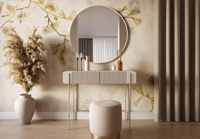 Toaletný stolík Malmi 100 cm - kašmírová / zlatá Toaletný stolík Malmi 100 cm so zásuvkami - kašmír / zlote nozki