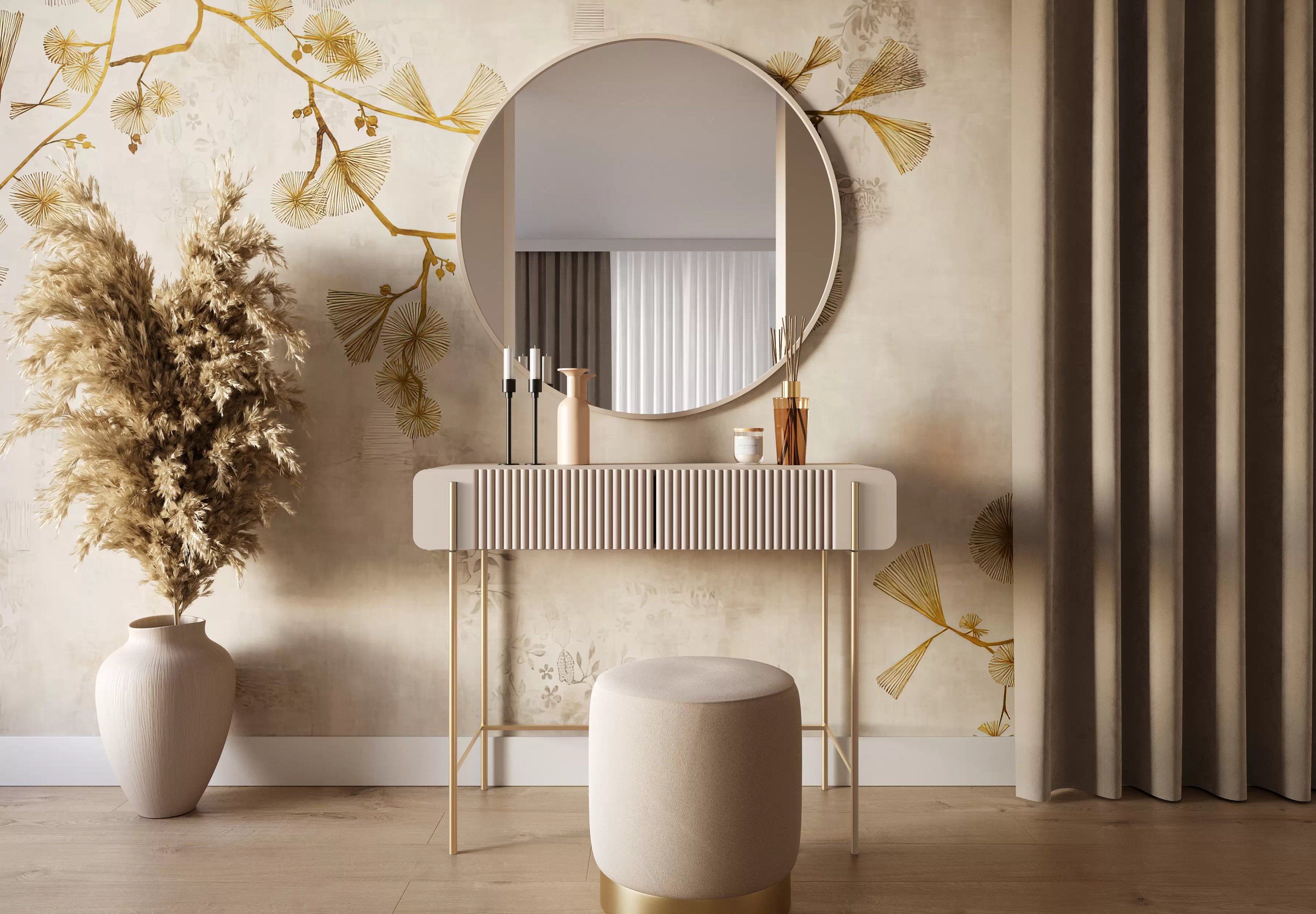 Toaletný stolík Malmi 100 cm - kašmírová / zlatá Toaletný stolík Malmi 100 cm so zásuvkami - kašmír / zlote nozki