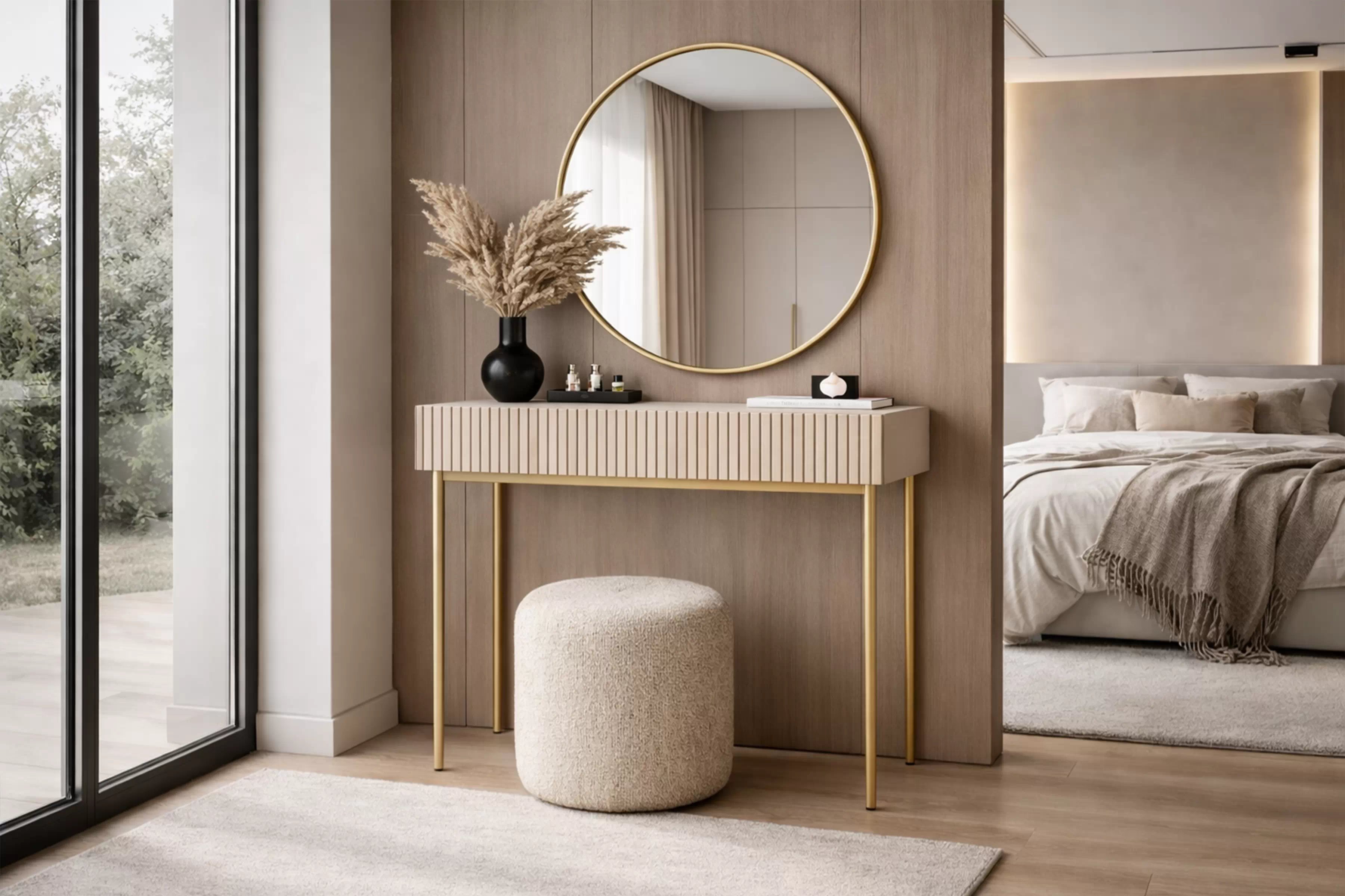 Toaletný stolík Nicole so zrkadlom 60 cm - kašmírová / zlatá Toaletný stolík Nicole ze zlotym zrkadlom 60 cm - kašmír / zlote nozki