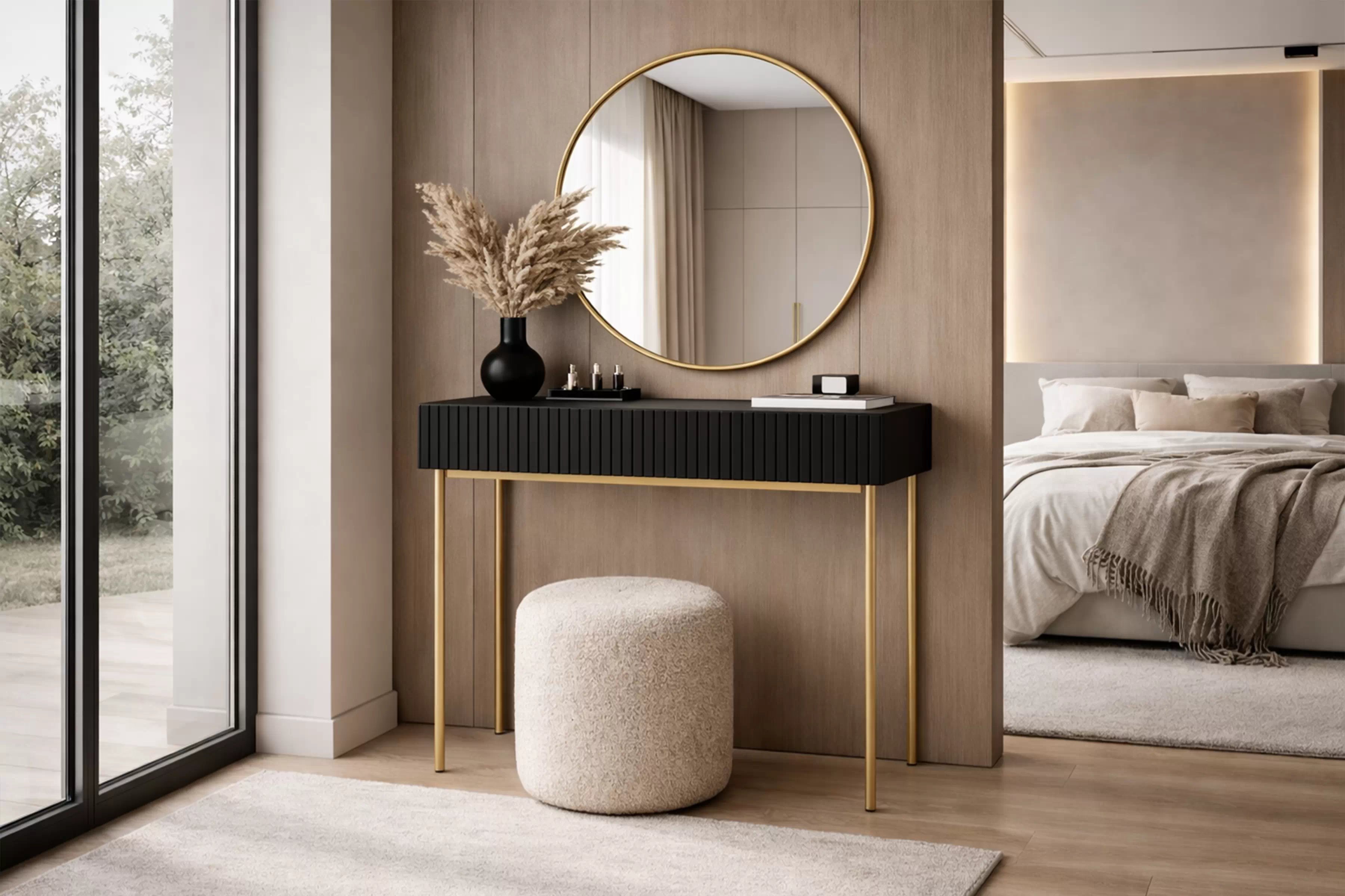 Toaletný stolík Nicole so zrkadlom 80 cm - čierny mat / zlatá Toaletný stolík Nicole ze zlotym zrkadlom 80 cm - Čierny mat / zlote nozki