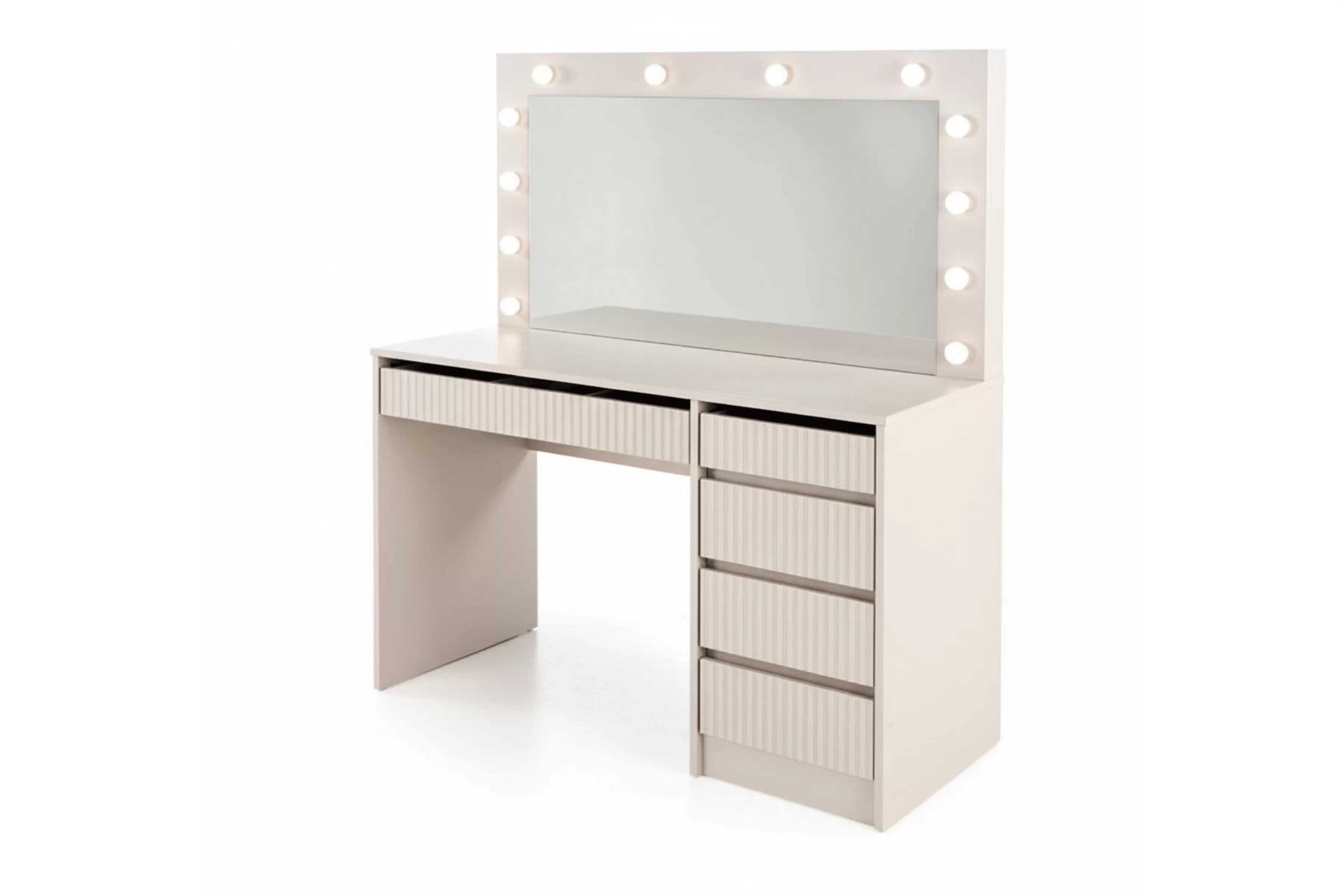 Toaletný stolík Velinio 120 cm s LED zrkadlom – kašmírová Toaletný stolík Velinio 120 cm ryflowana z zrkadlom LED - kašmír