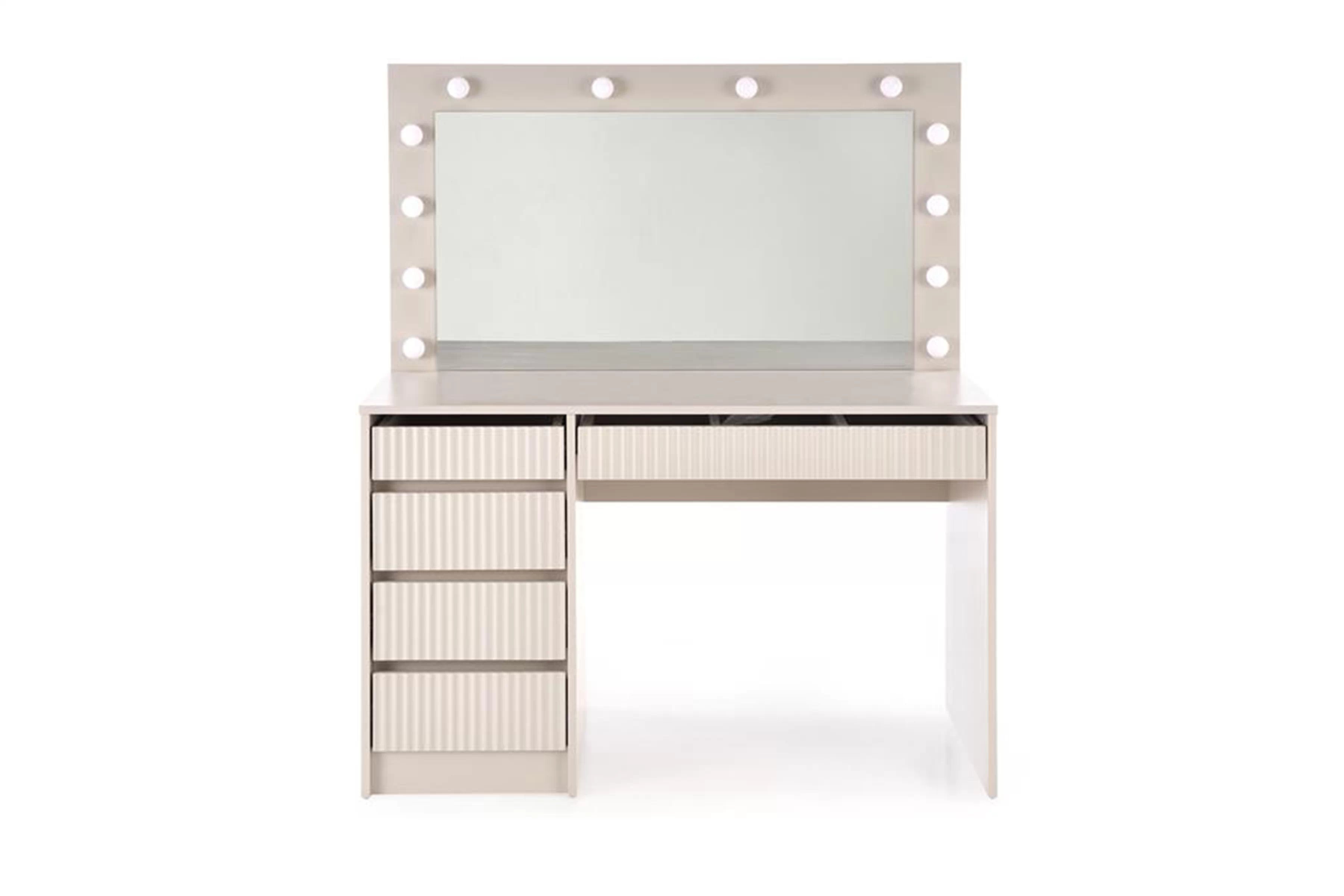 Toaletný stolík Velinio 120 cm s LED zrkadlom – kašmírová Toaletný stolík Velinio 120 cm ryflowana z zrkadlom LED kašmír