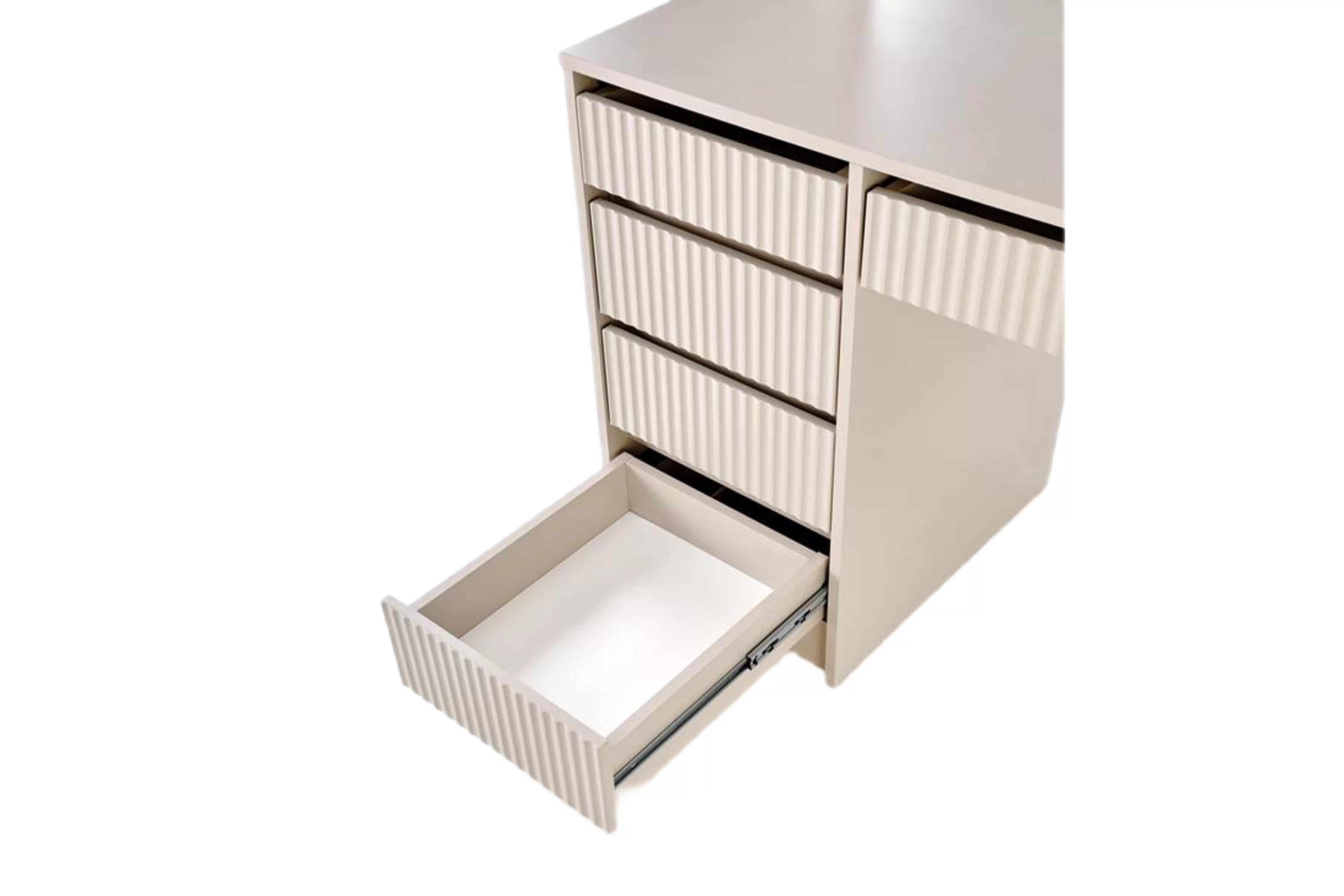 Toaletný stolík Velinio 120 cm s LED zrkadlom – kašmírová Toaletný stolík Velinio 120 cm ryflowana z zrkadlom LED kašmír