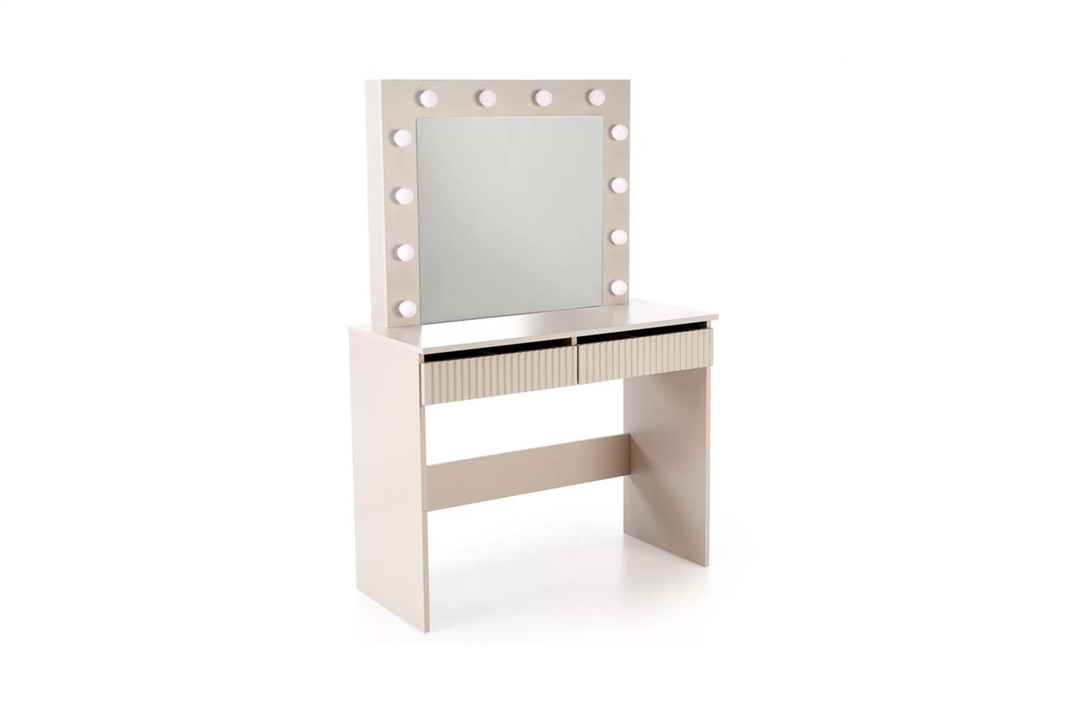 Toaletný stolík Velinio 95 cm s LED zrkadlom – kašmírová Toaletný stolík Velinio 95 cm ryflowana z zrkadlom LED kašmír