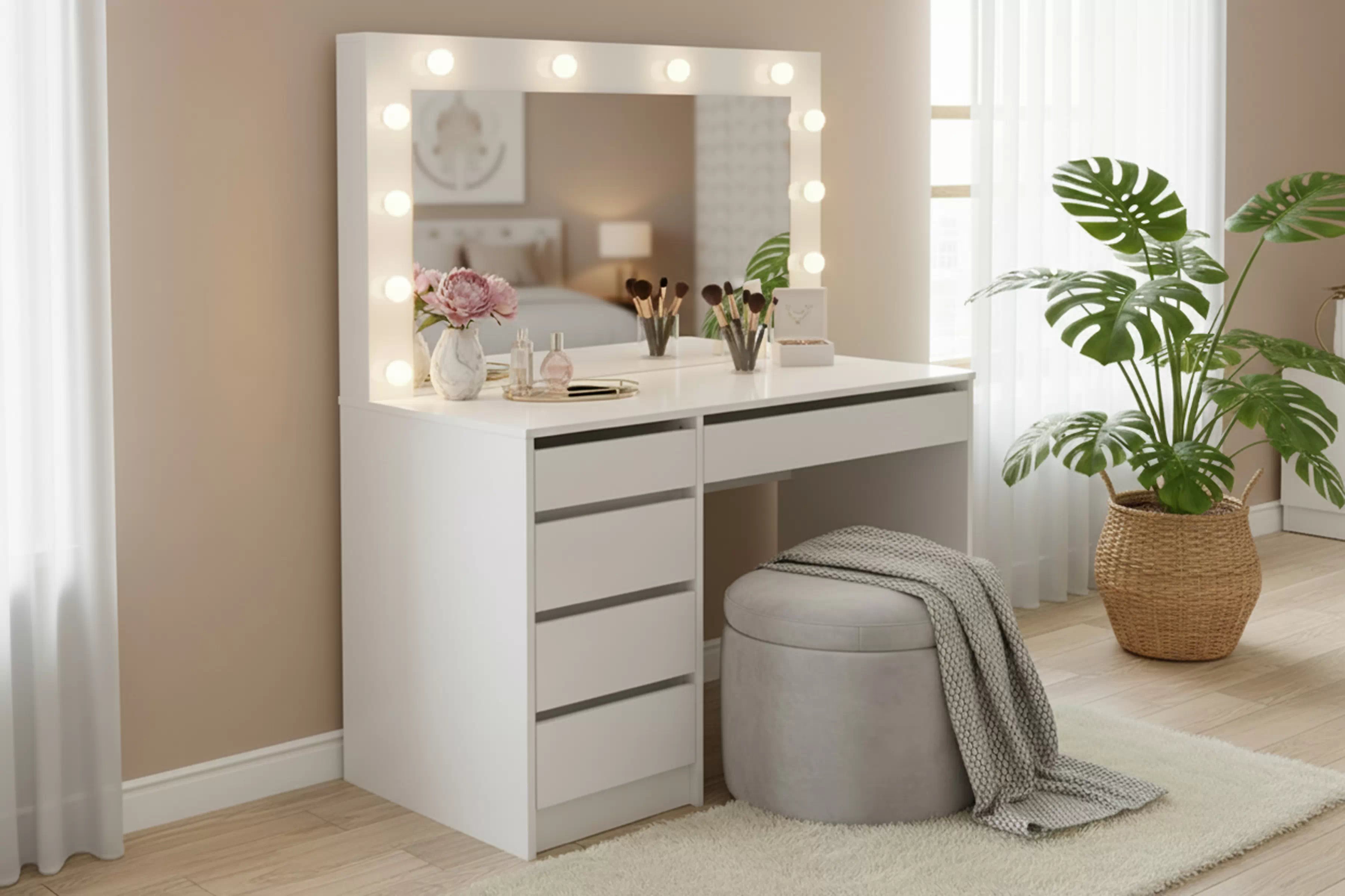 Toaletný stolík Velinio XL 120 cm - biela Toaletný stolík Velinio XL 120 cm so zásuvkami i oswietleniem - Biely