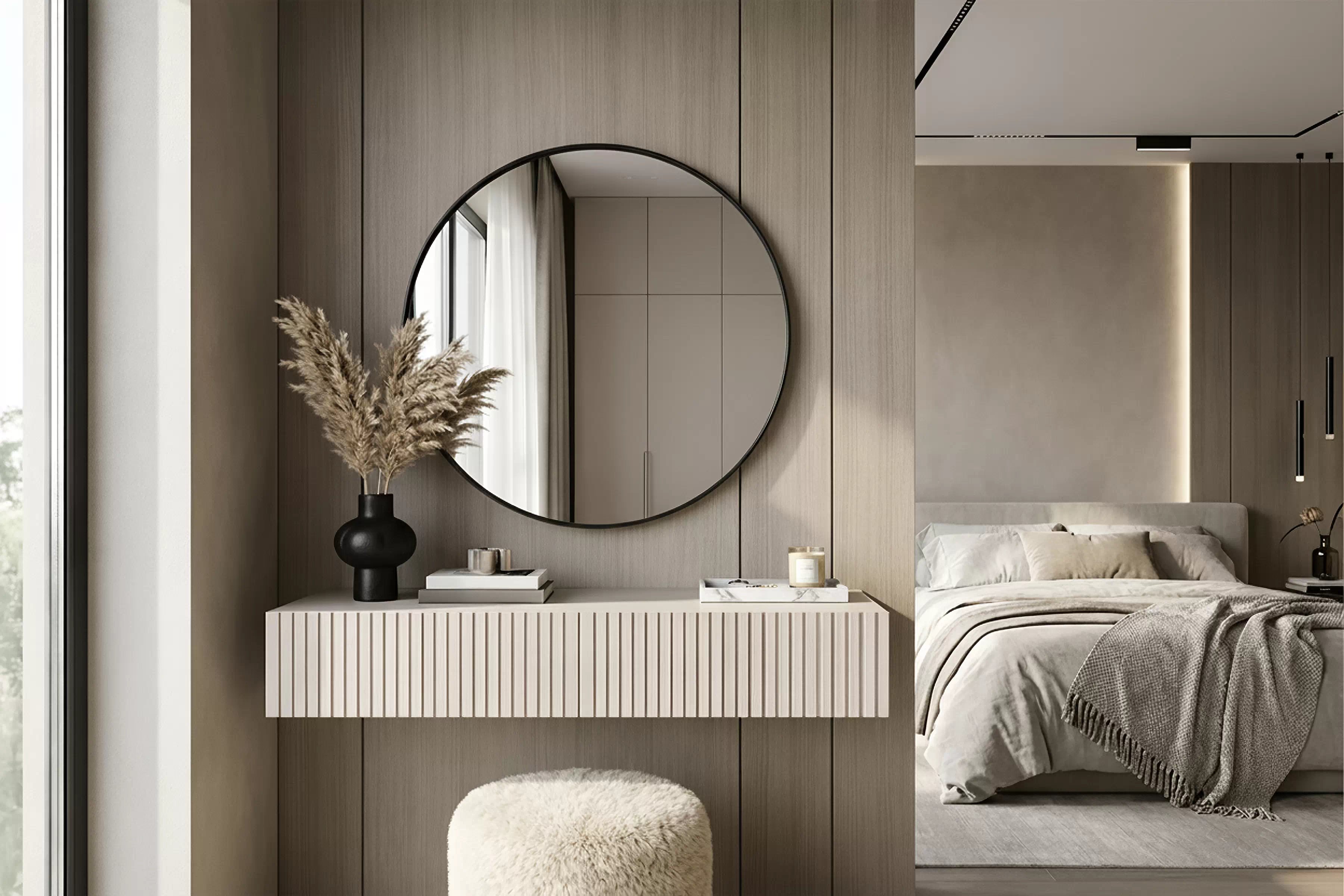 Závesný toaletný stolík Nicole so zrkadlom 60 cm - kašmírový mat Toaletný stolík závesná Nicole z čiernym zrkadlom 60 cm - kašmír / kašmír mat