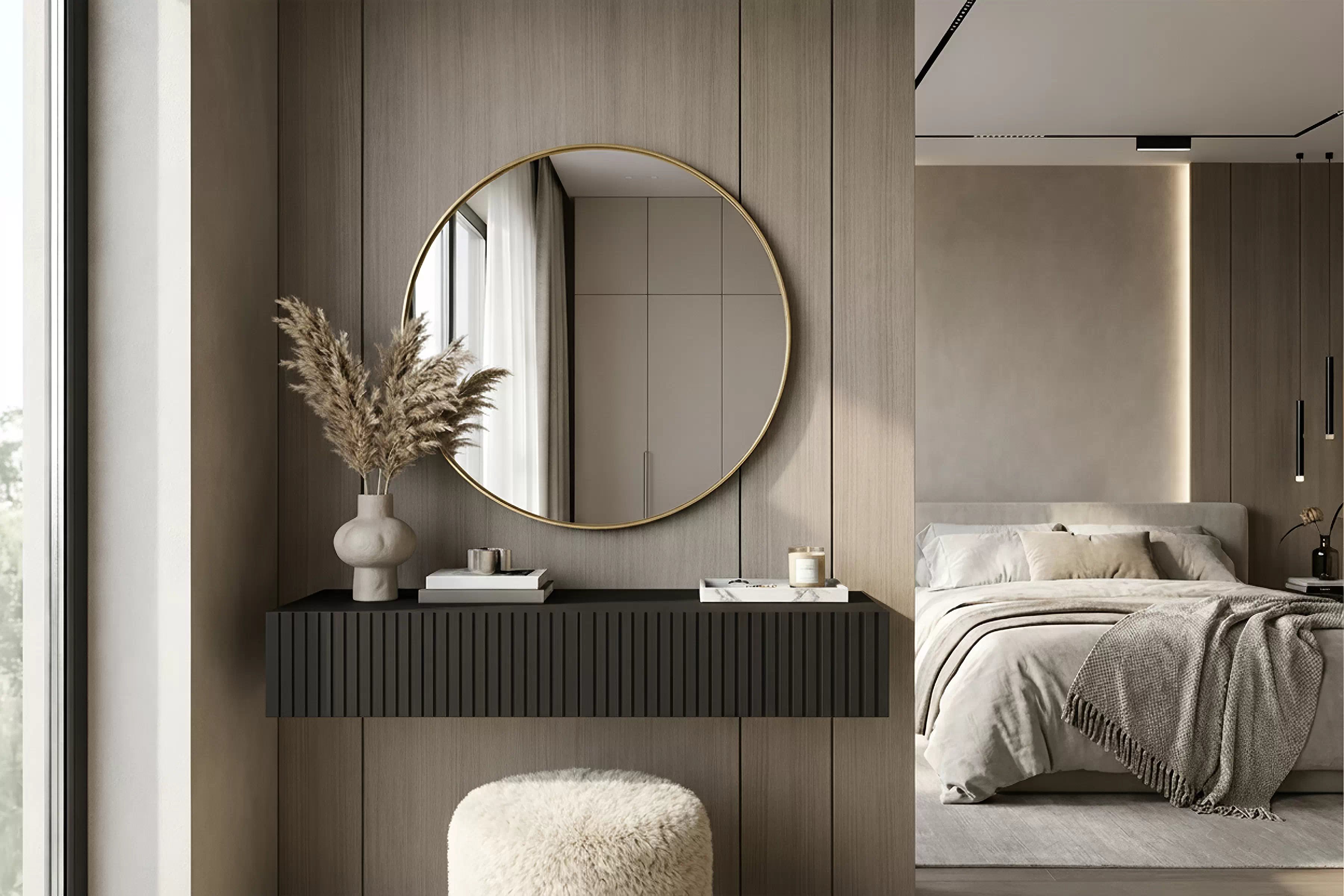 Závesný toaletný stolík Nicole so zlatým zrkadlom 60 cm - čierny mat Toaletný stolík závesná Nicole ze zlotym zrkadlom 60 cm - Čierny mat