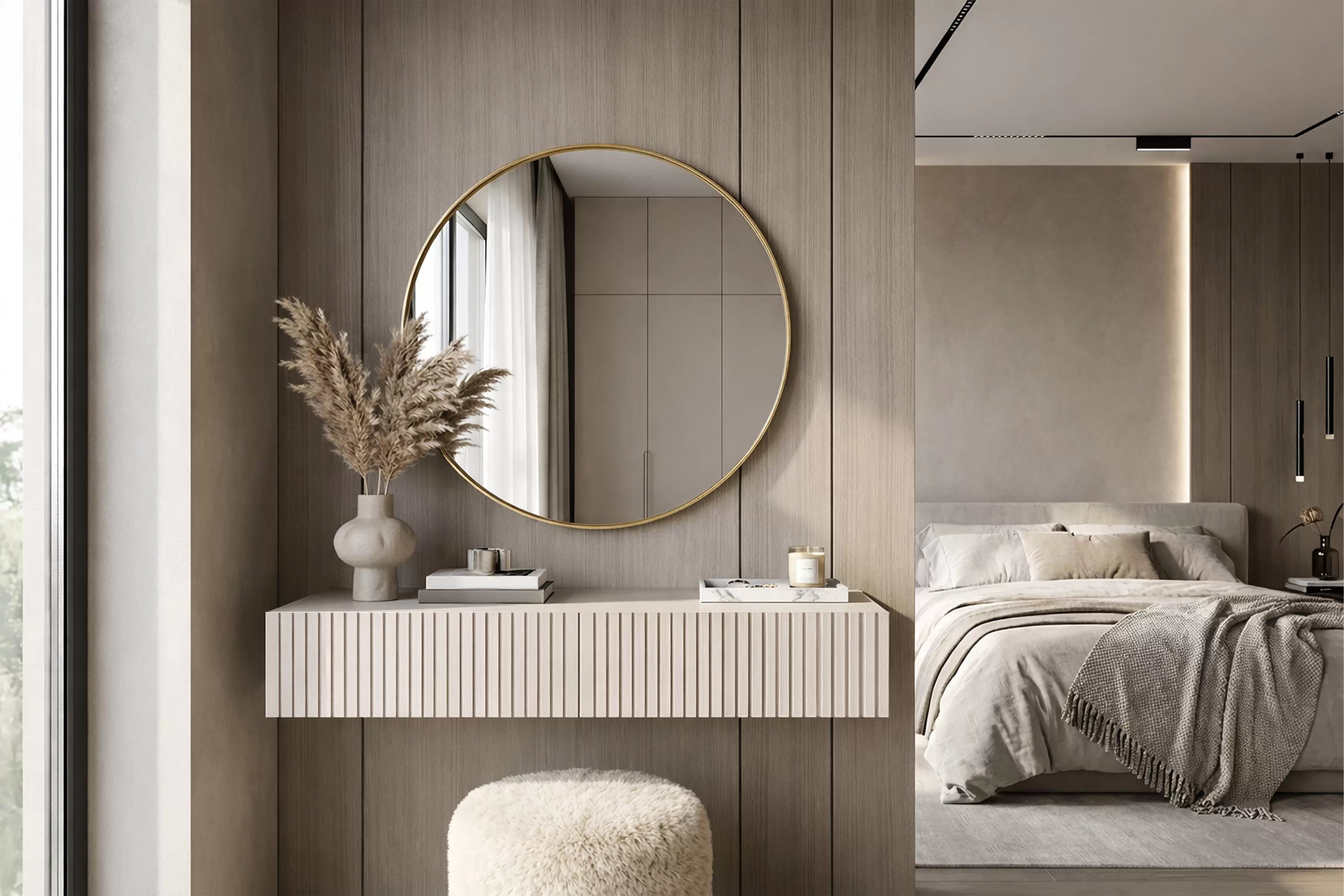 Závesný toaletný stolík Nicole so zrkadlom 60 cm - kašmírový mat Toaletný stolík závesná Nicole ze zlotym zrkadlom 60 cm - kašmír / kašmír mat