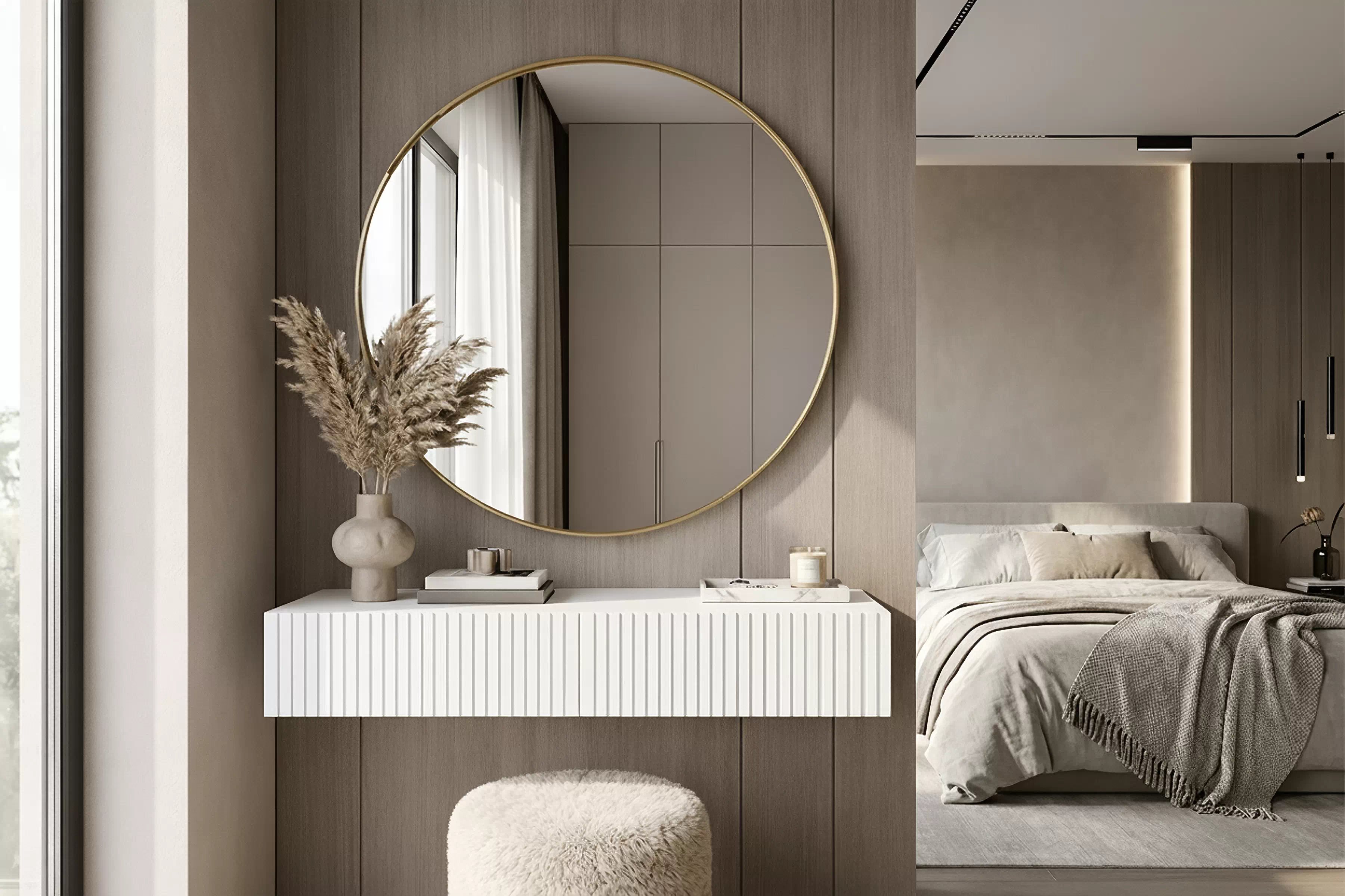 Závesný toaletný stolík Nicole so zrkadlom 80 cm - biely mat Toaletný stolík závesná Nicole ze zlotym zrkadlom 80 cm - biely mat