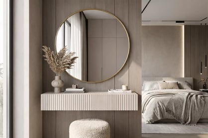 Závesný toaletný stolík Nicole so zrkadlom 80 cm - kašmírový mat Toaletný stolík závesná Nicole ze zlotym zrkadlom 80 cm - kašmír / kašmír mat