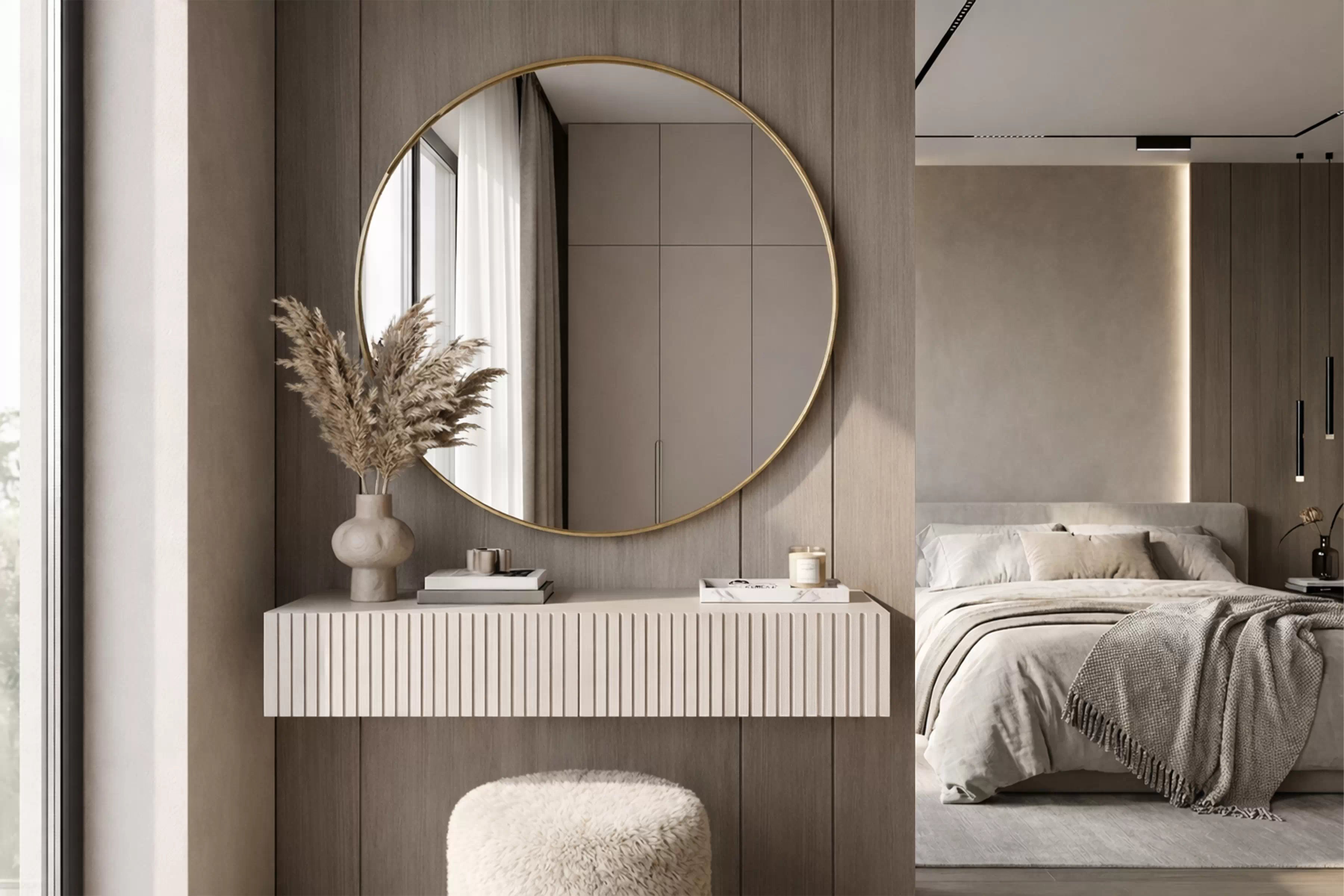 Závesný toaletný stolík Nicole so zrkadlom 80 cm - kašmírový mat Toaletný stolík závesná Nicole ze zlotym zrkadlom 80 cm - kašmír / kašmír mat