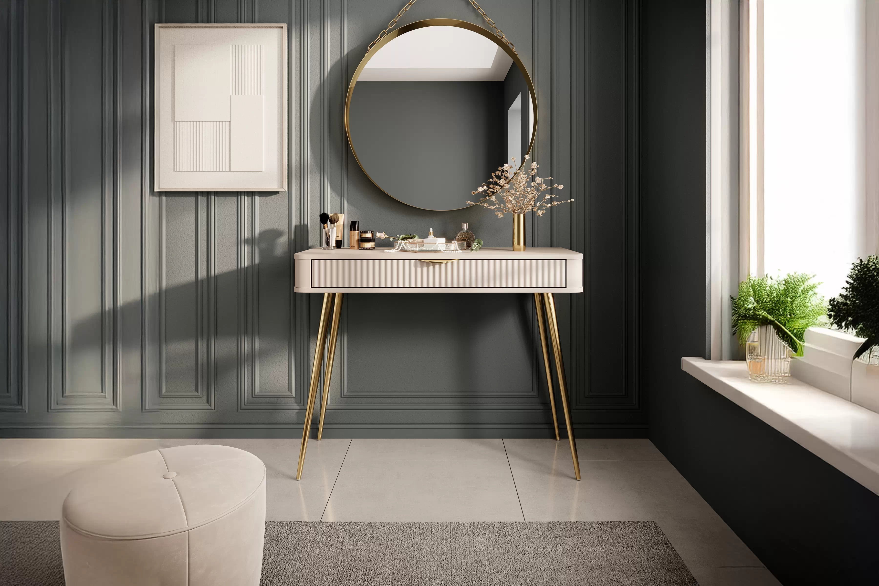 Toaletný stolík Zeliano so zásuvkou 100 cm - béžový / zlaté nožičky Toaletný Stolík Zeliano z szuflada 100 cm - béžový / nožičky zlote