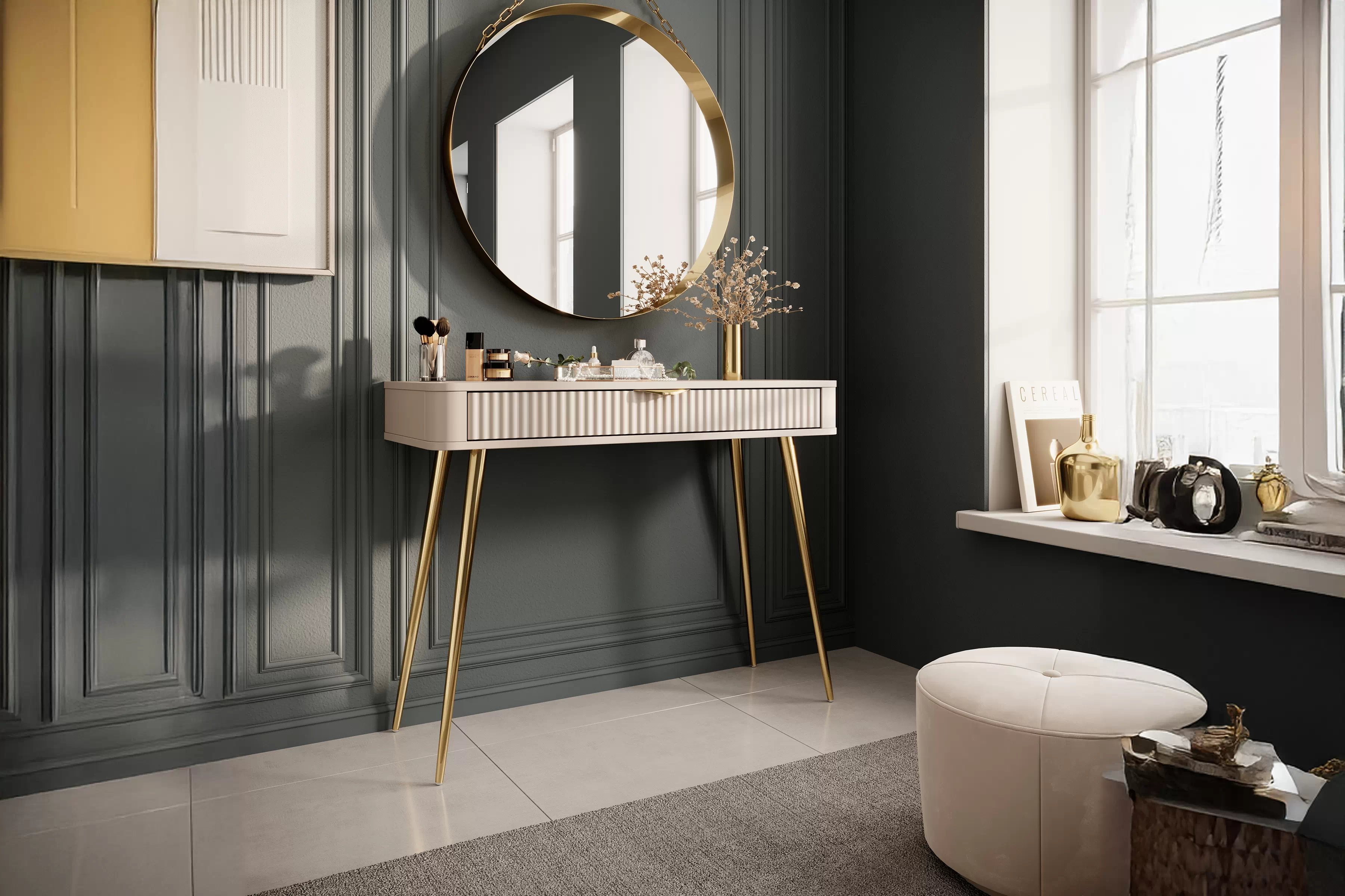 Toaletný stolík Zeliano so zásuvkou 100 cm - béžový / zlaté nožičky Toaletný Stolík Zeliano z szuflada 100 cm - béžový / nožičky zlote