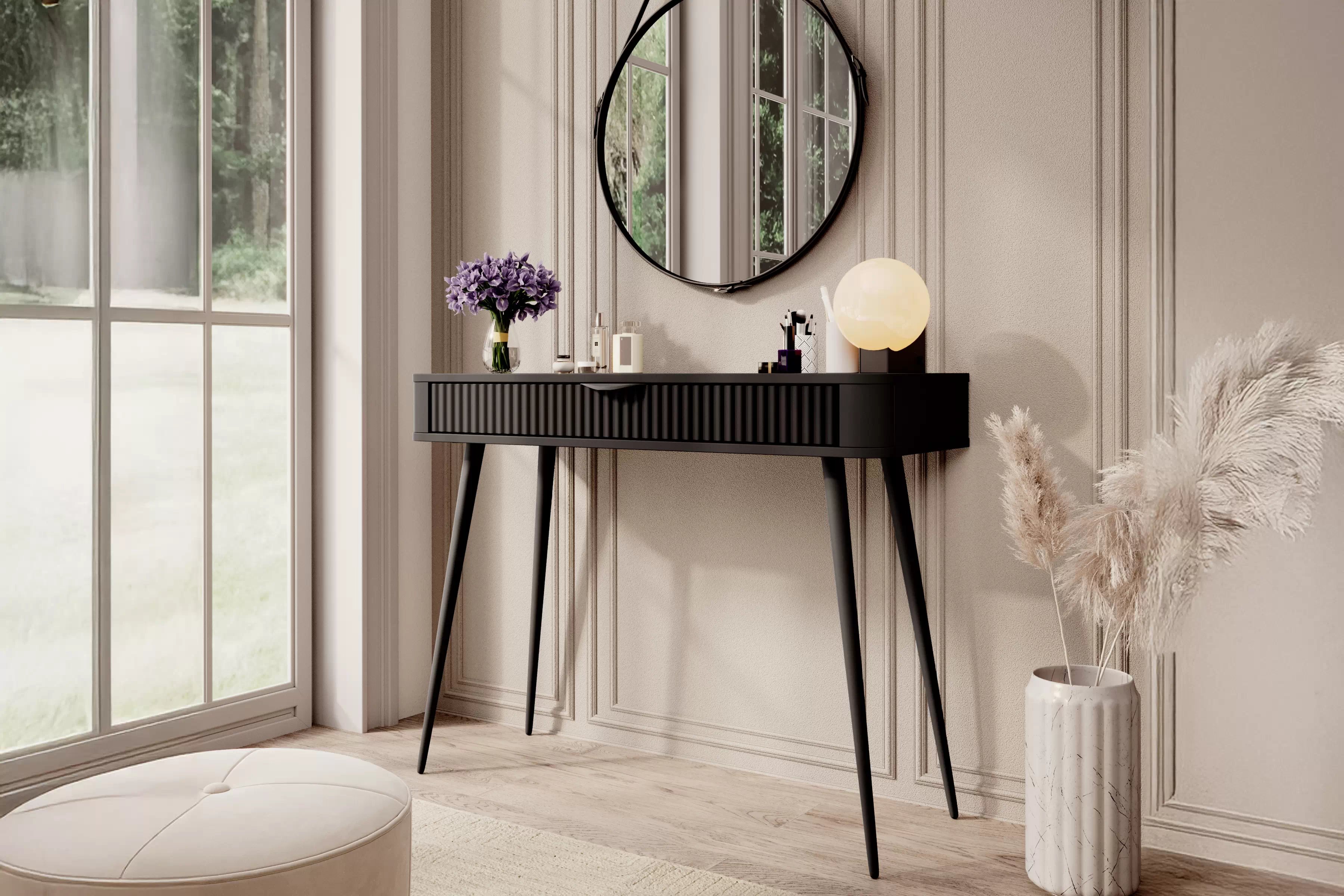 Toaletný stolík Zeliano so zásuvkou 100 cm - čierny / čierne nožičky Toaletný Stolík Zeliano z szuflada 100 cm - Čierny / nožičky čierny