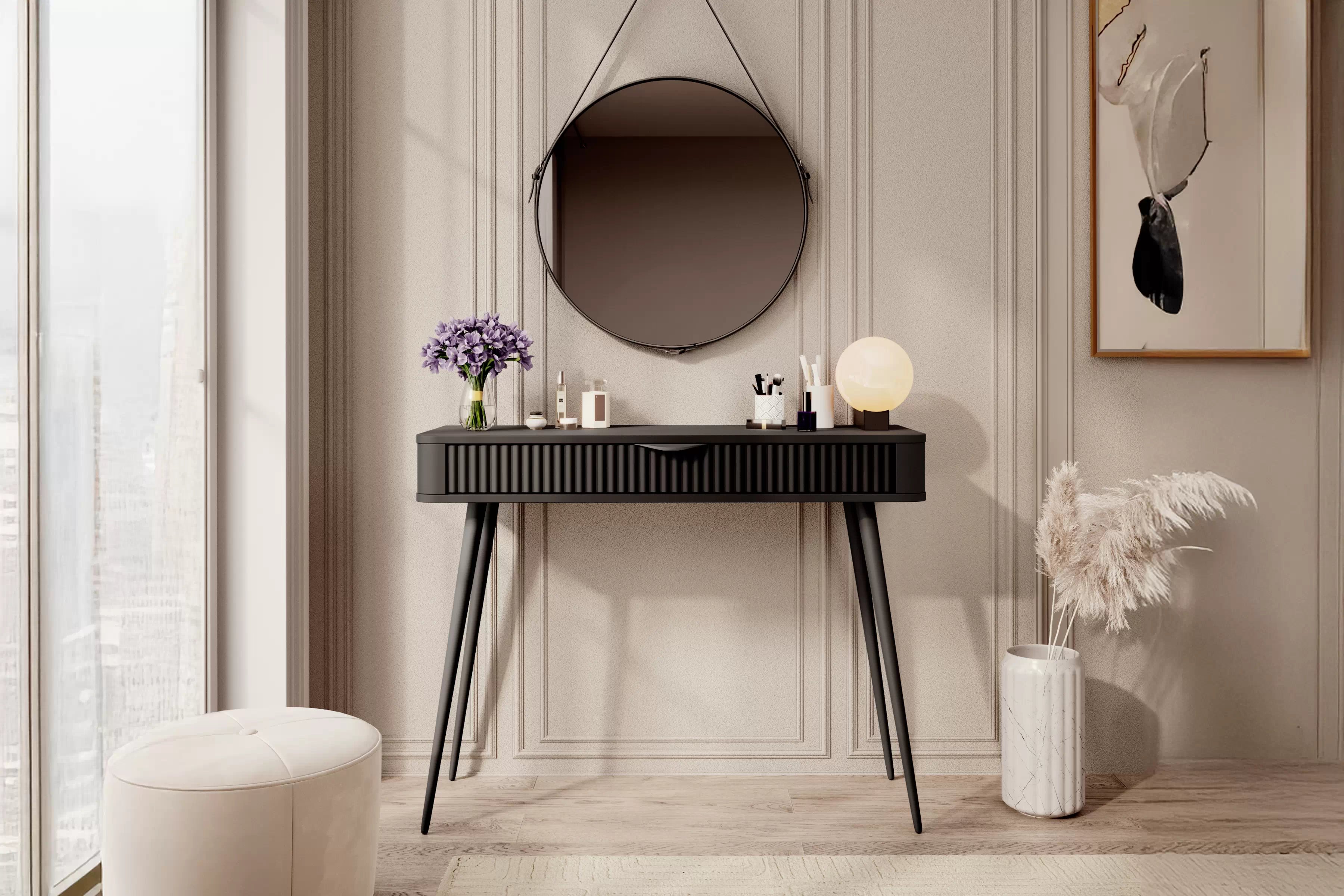 Toaletný stolík Zeliano so zásuvkou 100 cm - čierny / čierne nožičky Toaletný Stolík Zeliano z szuflada 100 cm - Čierny / nožičky čierny