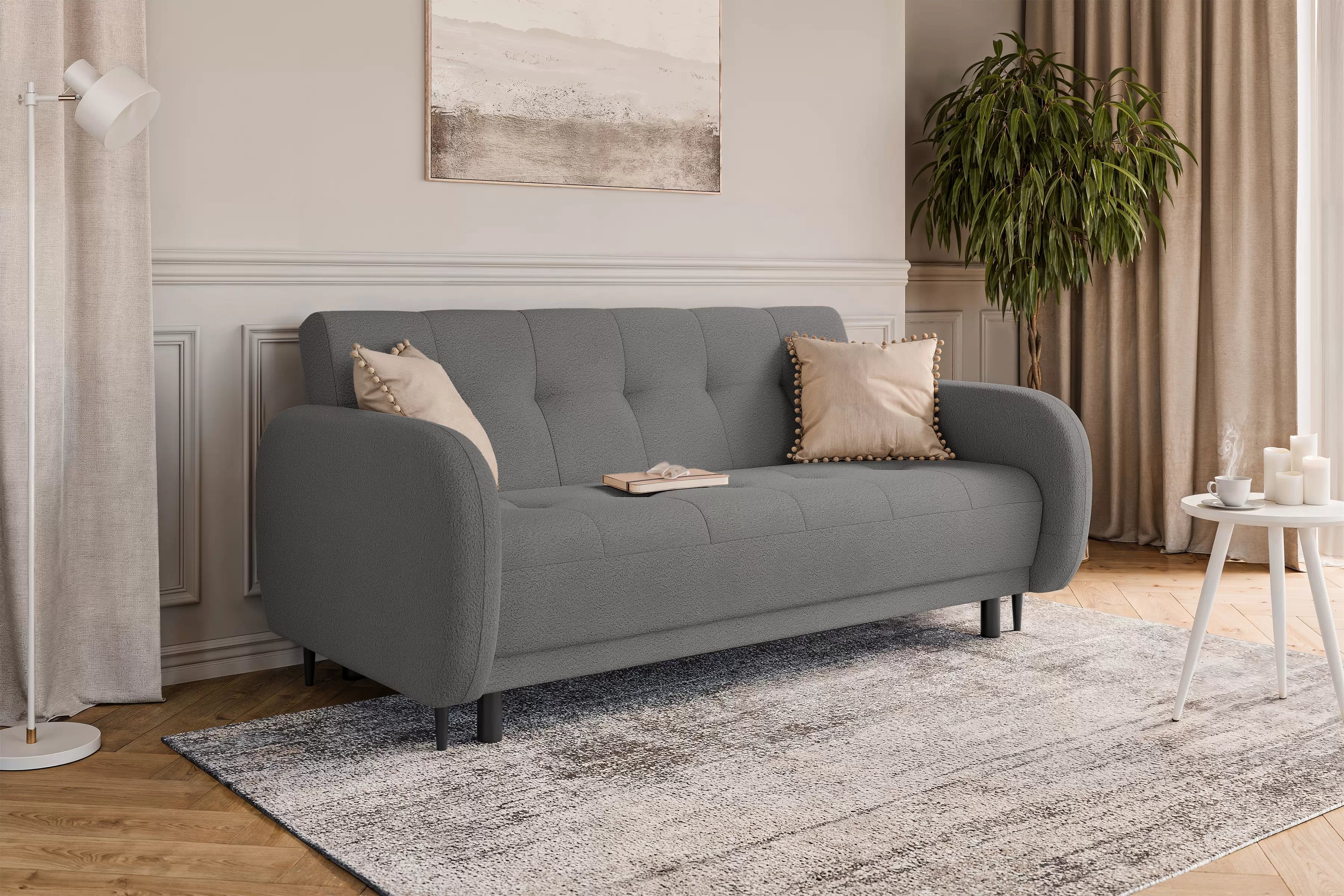 Rozkládací pohovka Linda - šedá Lambi 12 Pohovka Linda rozkladana pro obývacího pokoje - šedá boucle Lambi 12